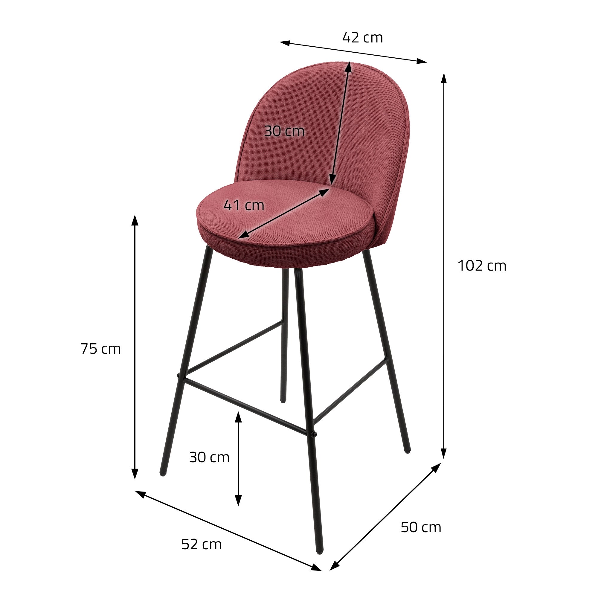 Maatschets van een barkruk met hoogte, breedte en diepte in centimeters.