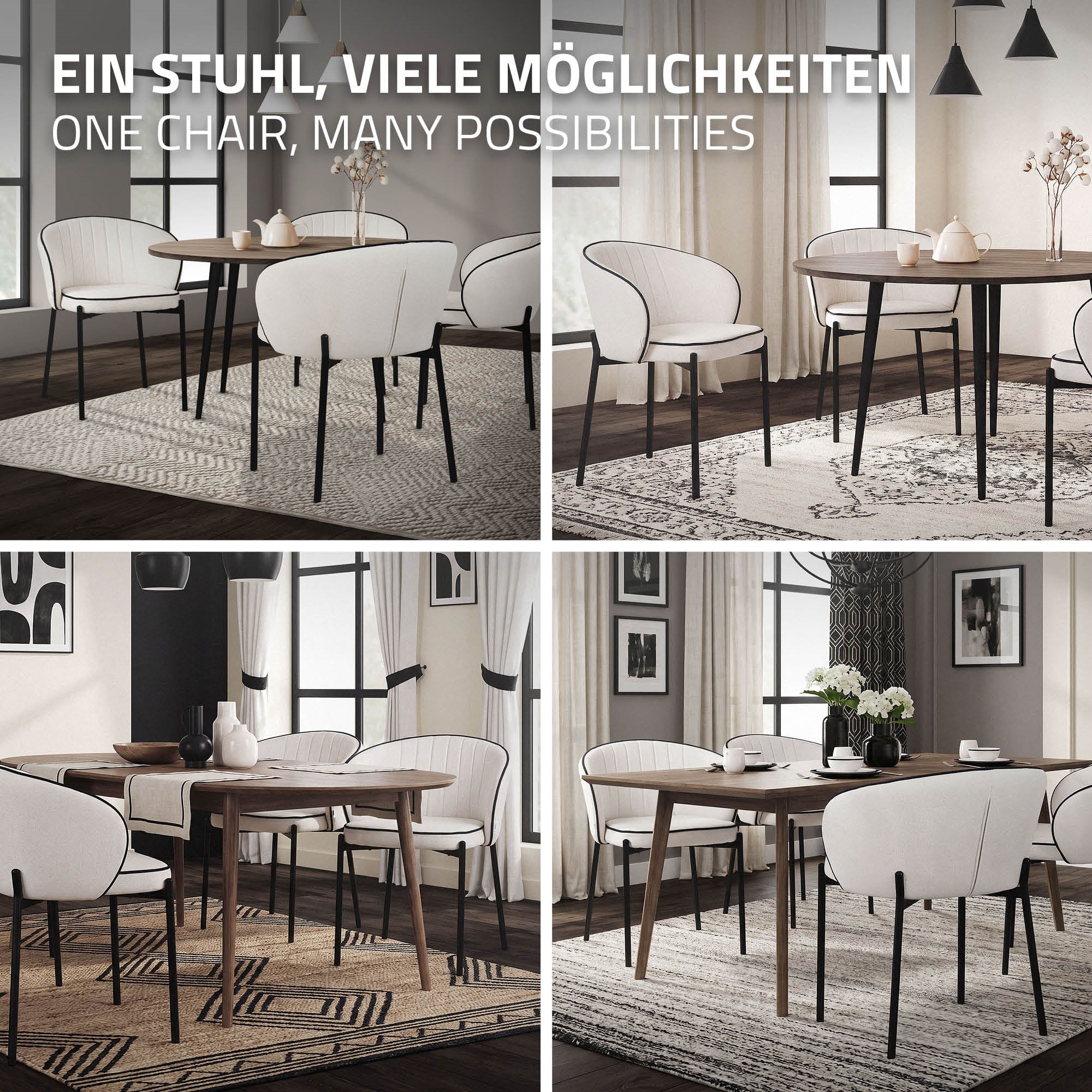 Verschiedene Ansichten eines Esszimmerstuhls in einem modernen Raum.