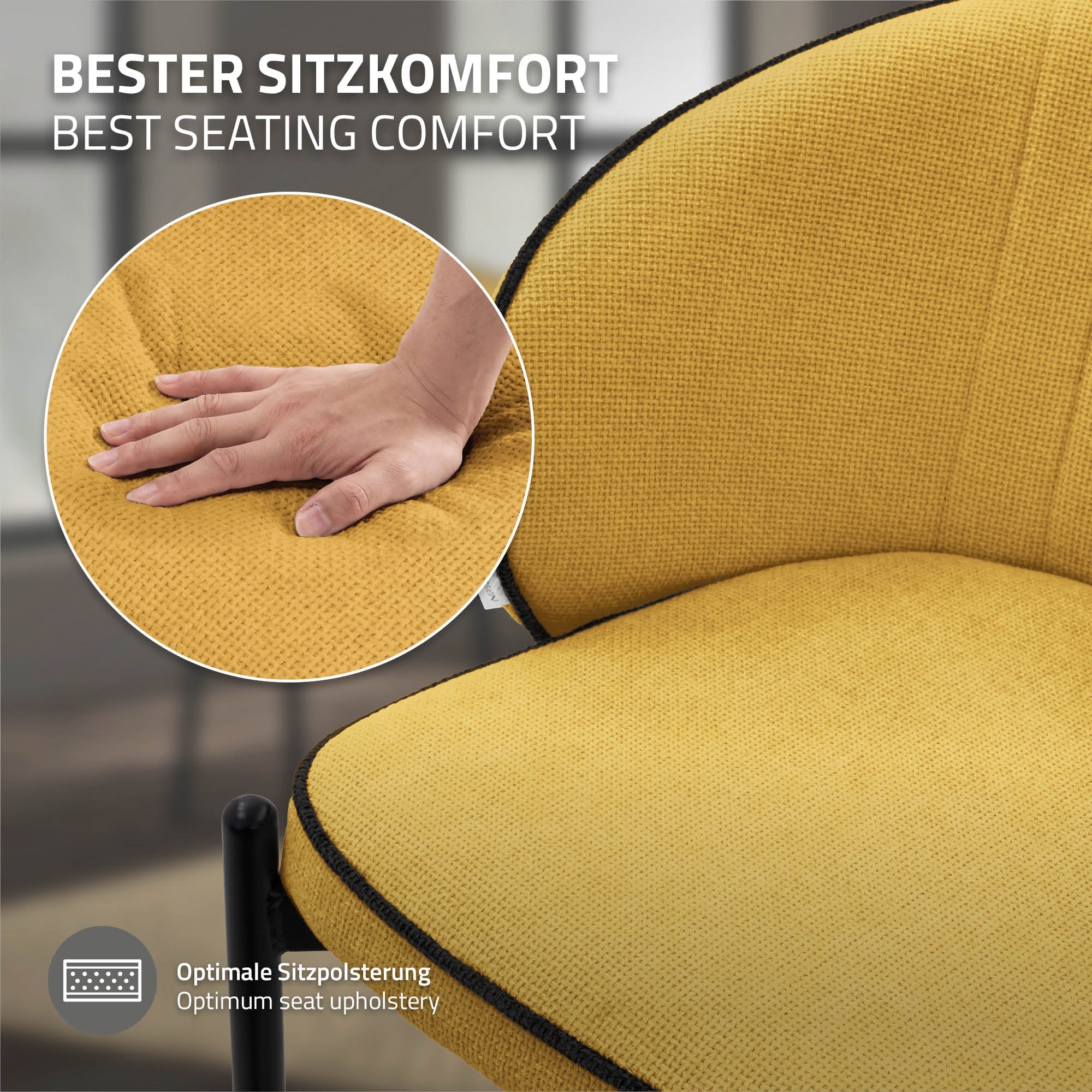 Nahaufnahme einer Hand, die auf einen gelben Stuhl drückt, um den Sitzkomfort zu zeigen.