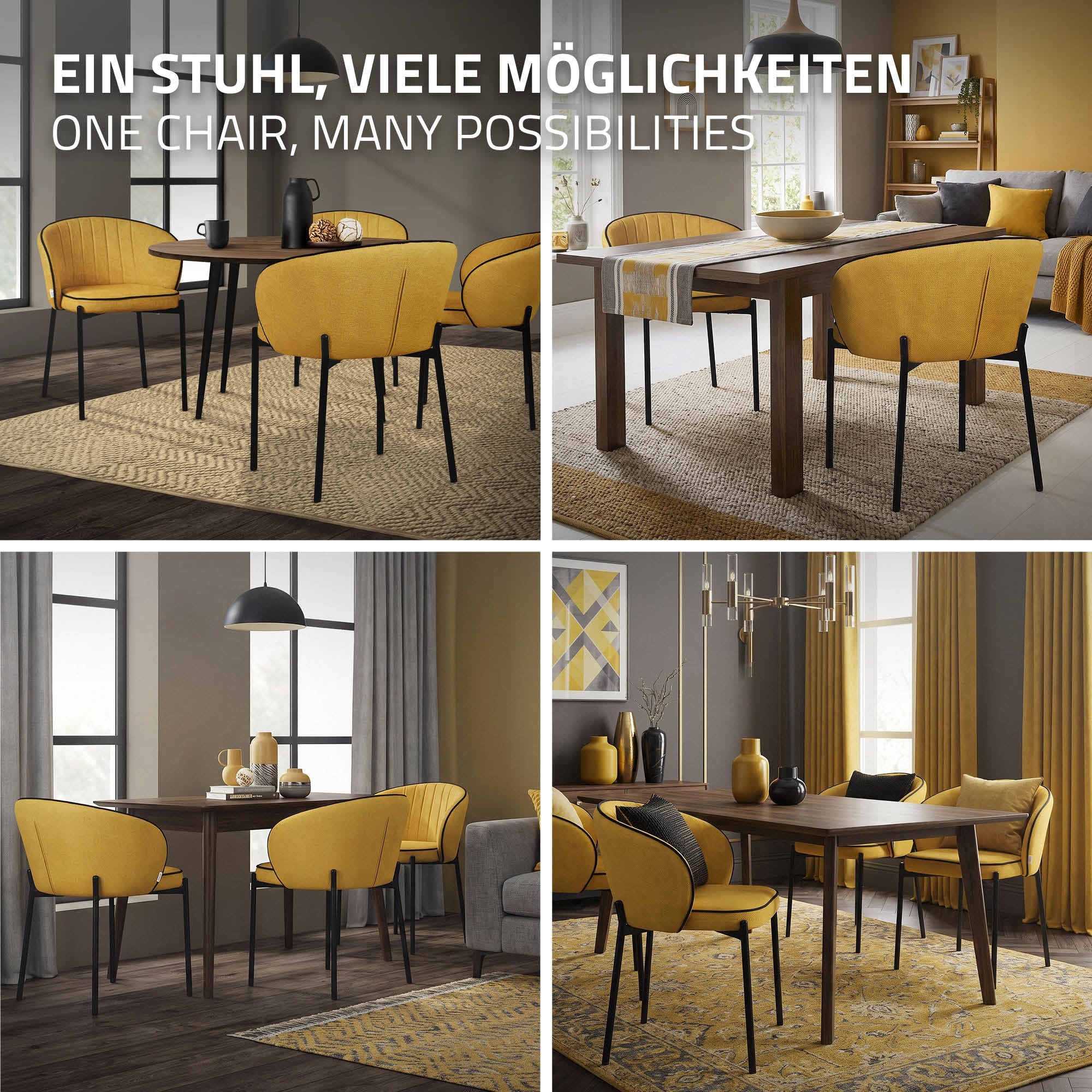 Vier Bilder eines Esszimmers mit gelben Stühlen und einem Holztisch.
