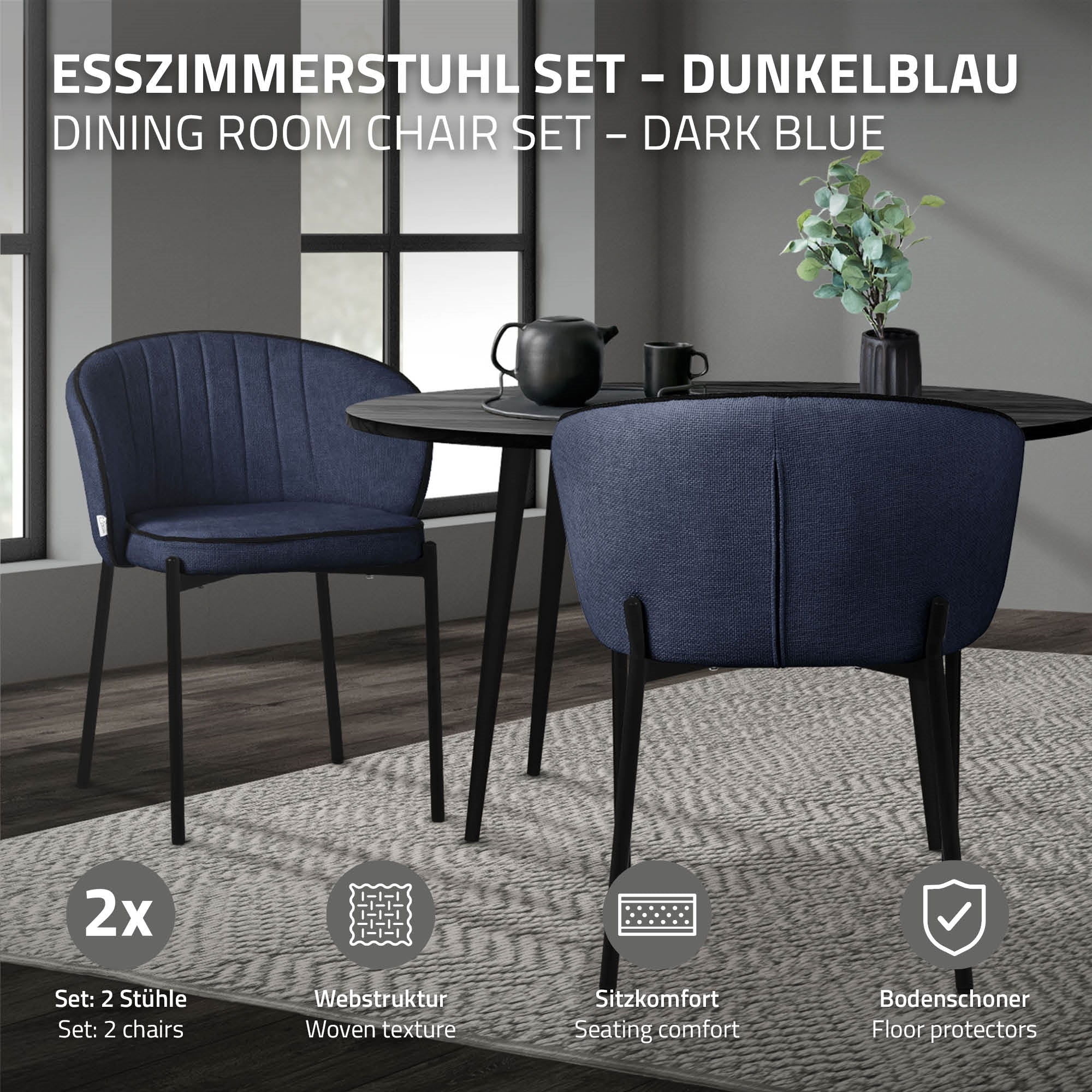 Dark blue dining chair set consisting of two chairs, on a carpet.