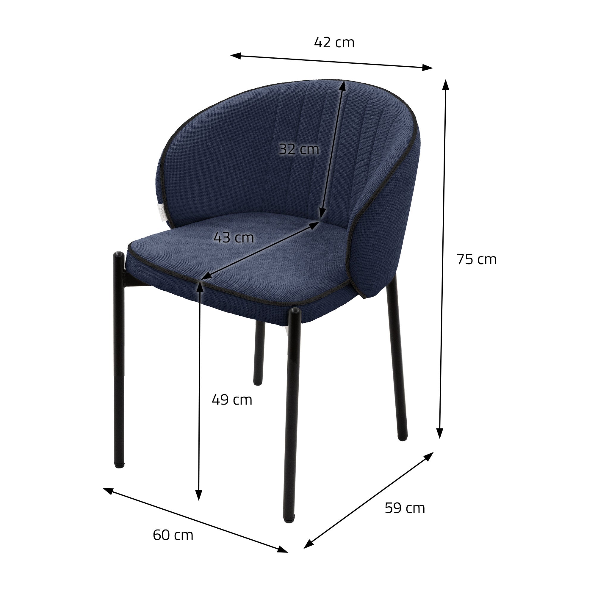 Tummansininen tuoli mitat: 42 cm leveys, 75 cm korkeus, 60 cm syvyys.