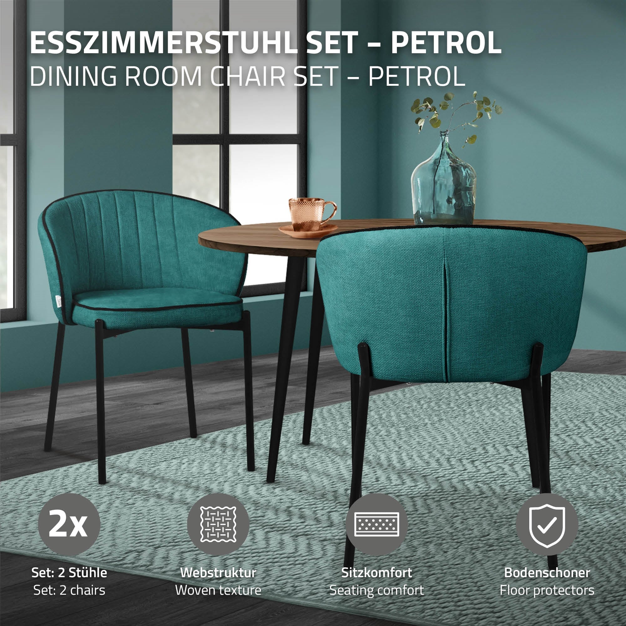Esszimmerstuhl Set in Petrol, zwei Stühle, runder Tisch, Teppich im Hintergrund.