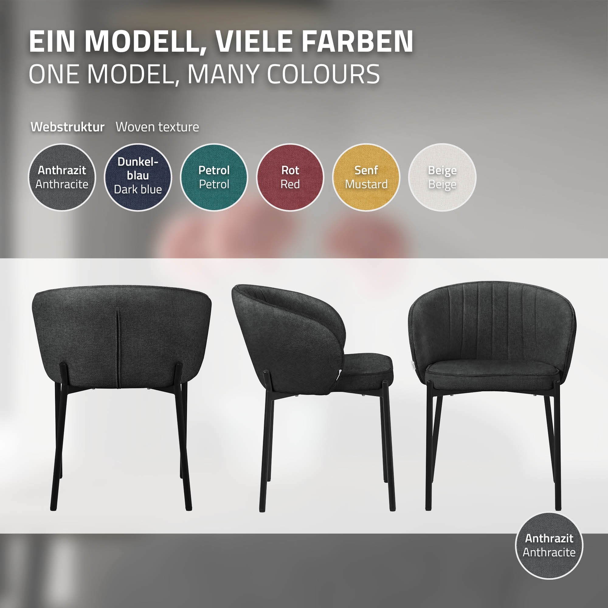 Graphic with various chair models and colors on a neutral background.