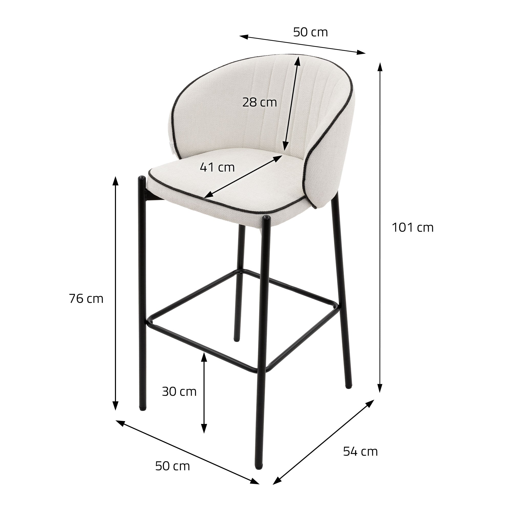 Seggiolone con misure: 50 cm di larghezza, 76 cm di altezza, 30 cm di poggiapiedi.