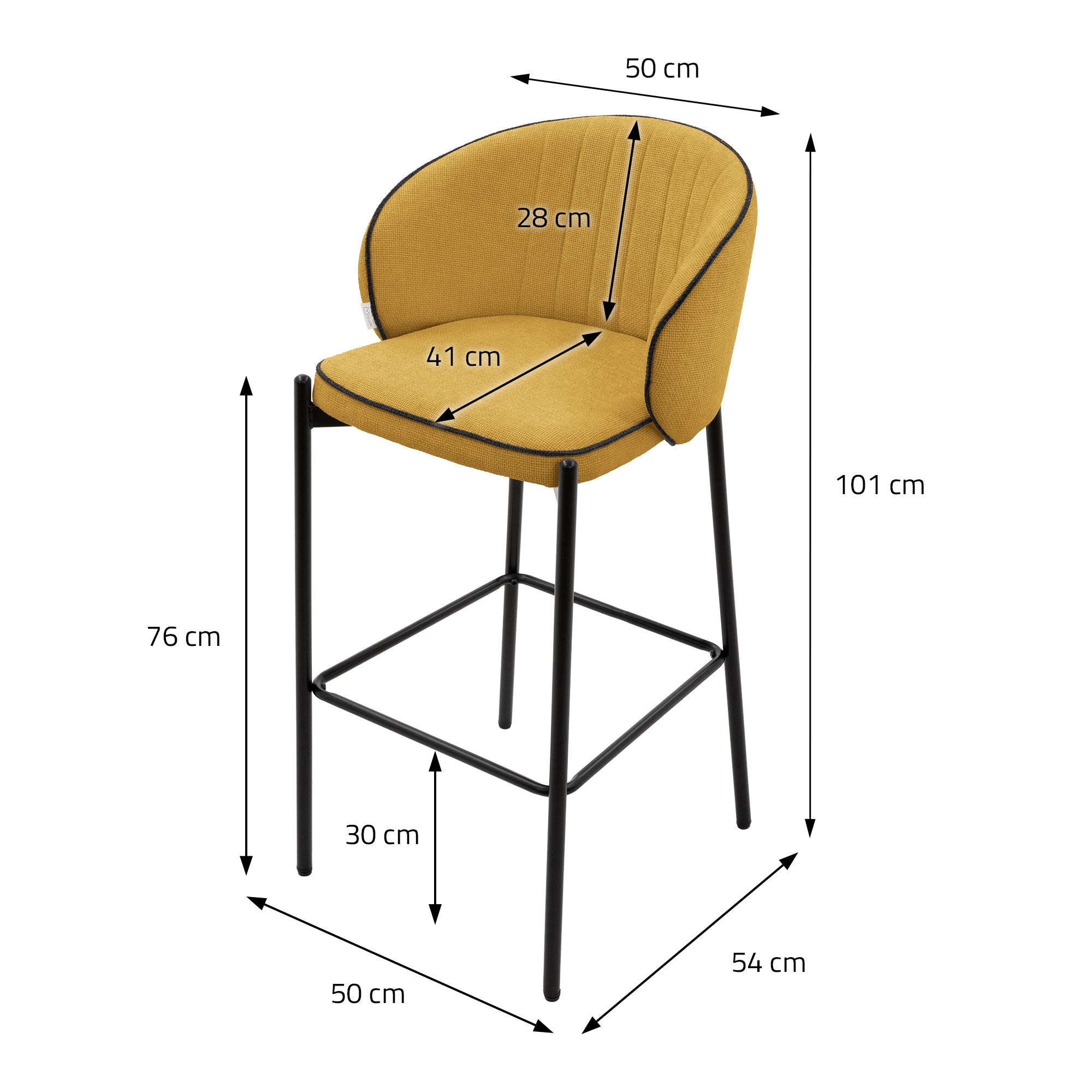 Højstol med mål: 50 cm bredde, 76 cm højde, 30 cm dybde, 101 cm samlet størrelse.