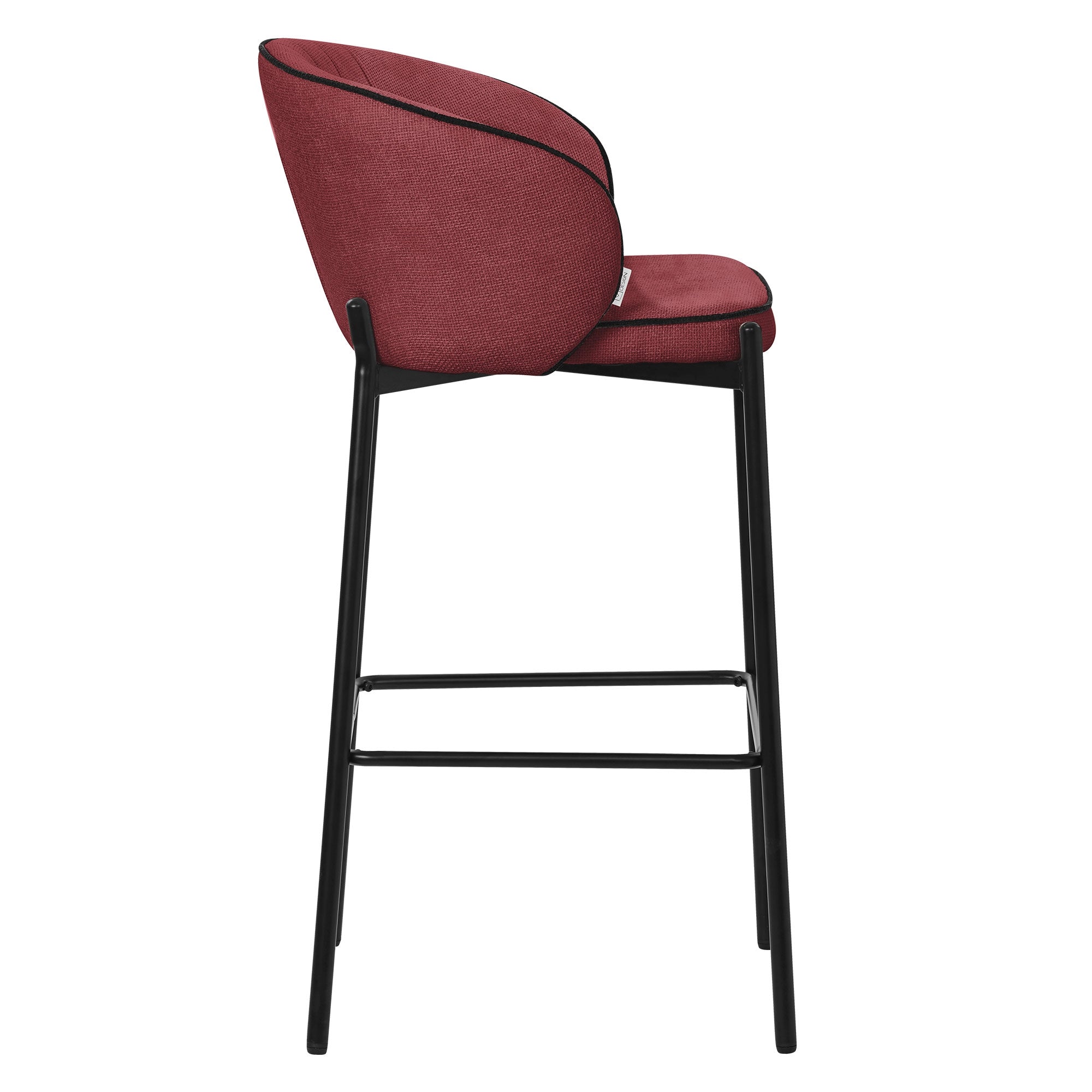 Sgabello da bar rosso con struttura nera, vista laterale.