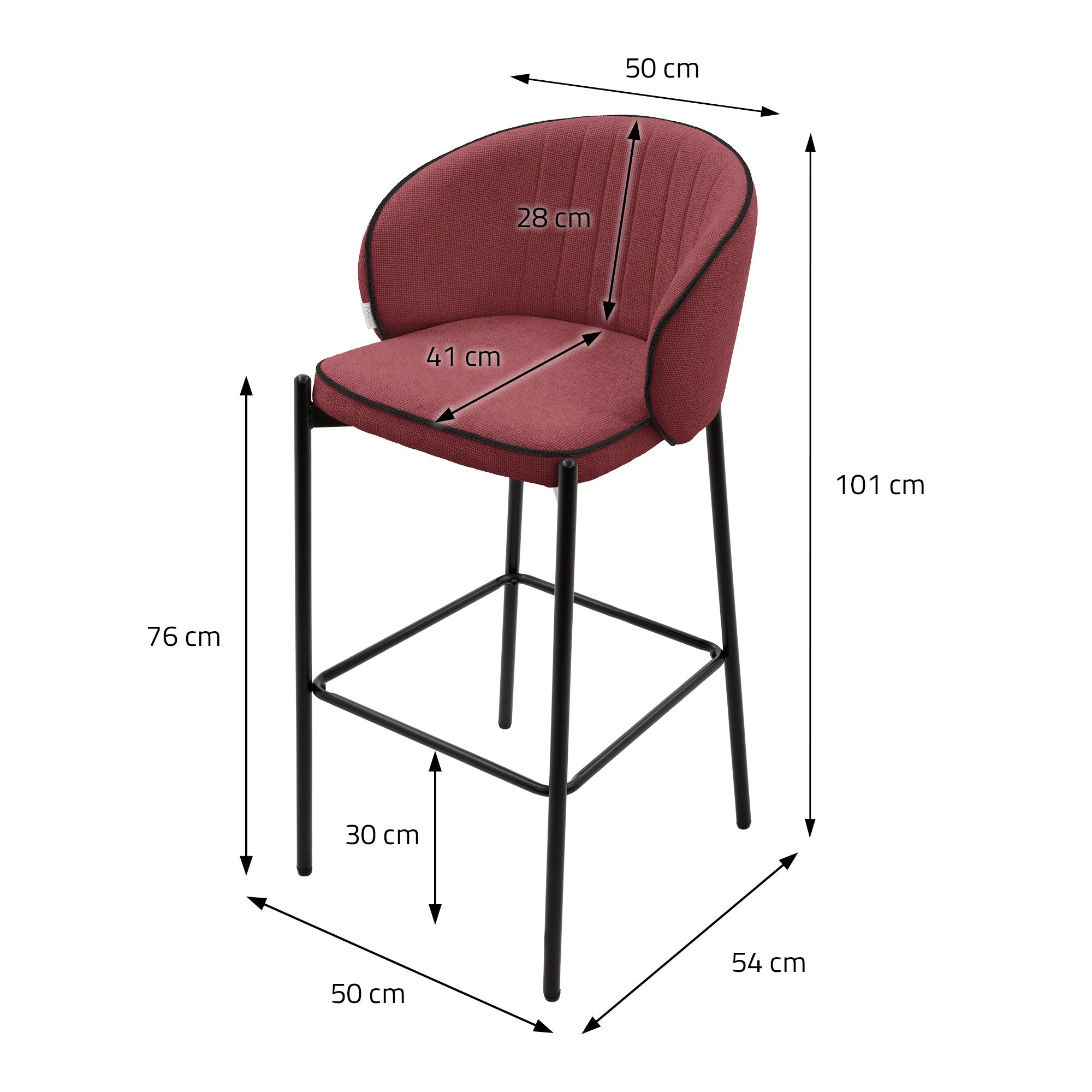 Seggiolone con misure: 50 cm di larghezza, 76 cm di altezza, 30 cm di profondità, 101 cm di dimensione totale.