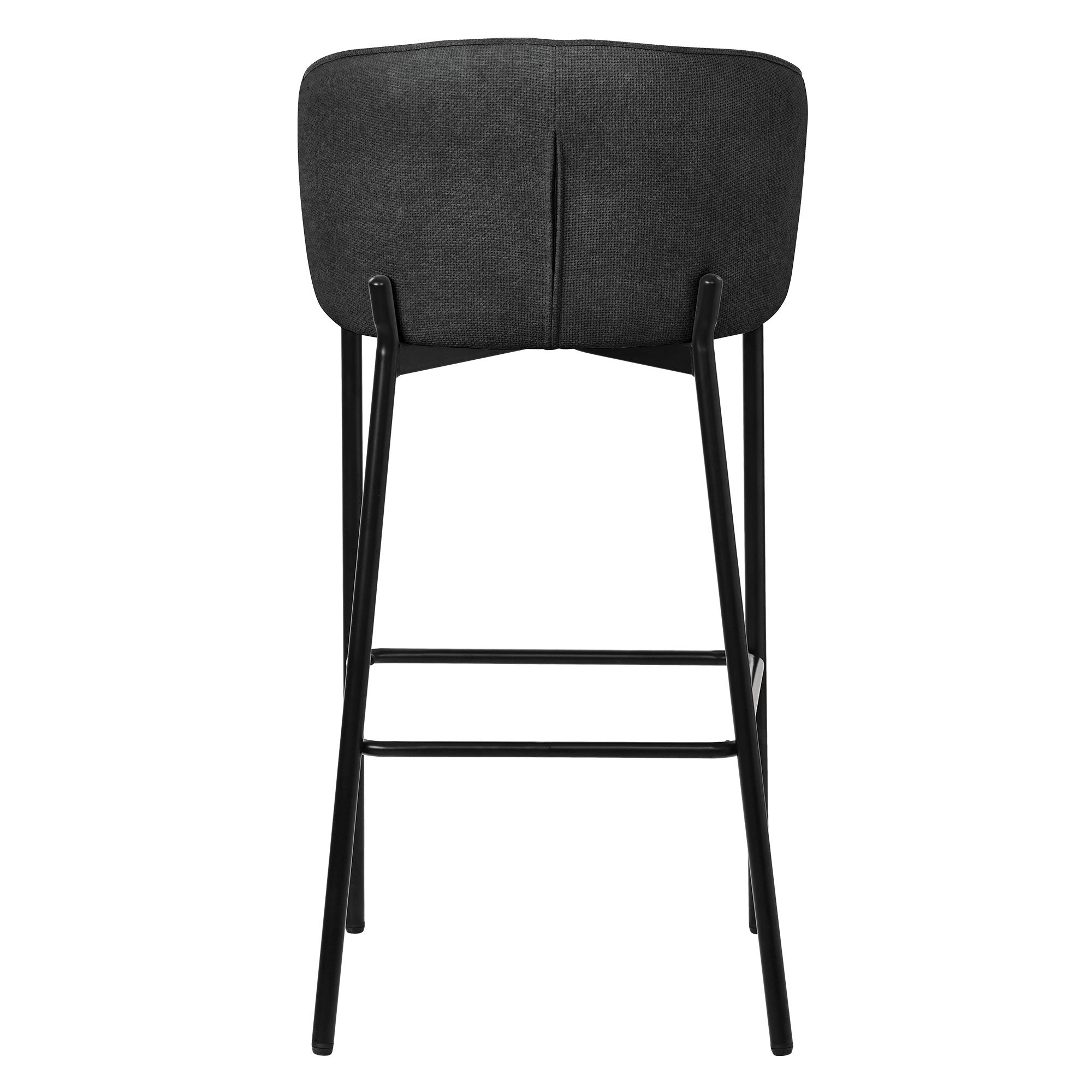 Rear view of a black bar stool with a padded seat.
