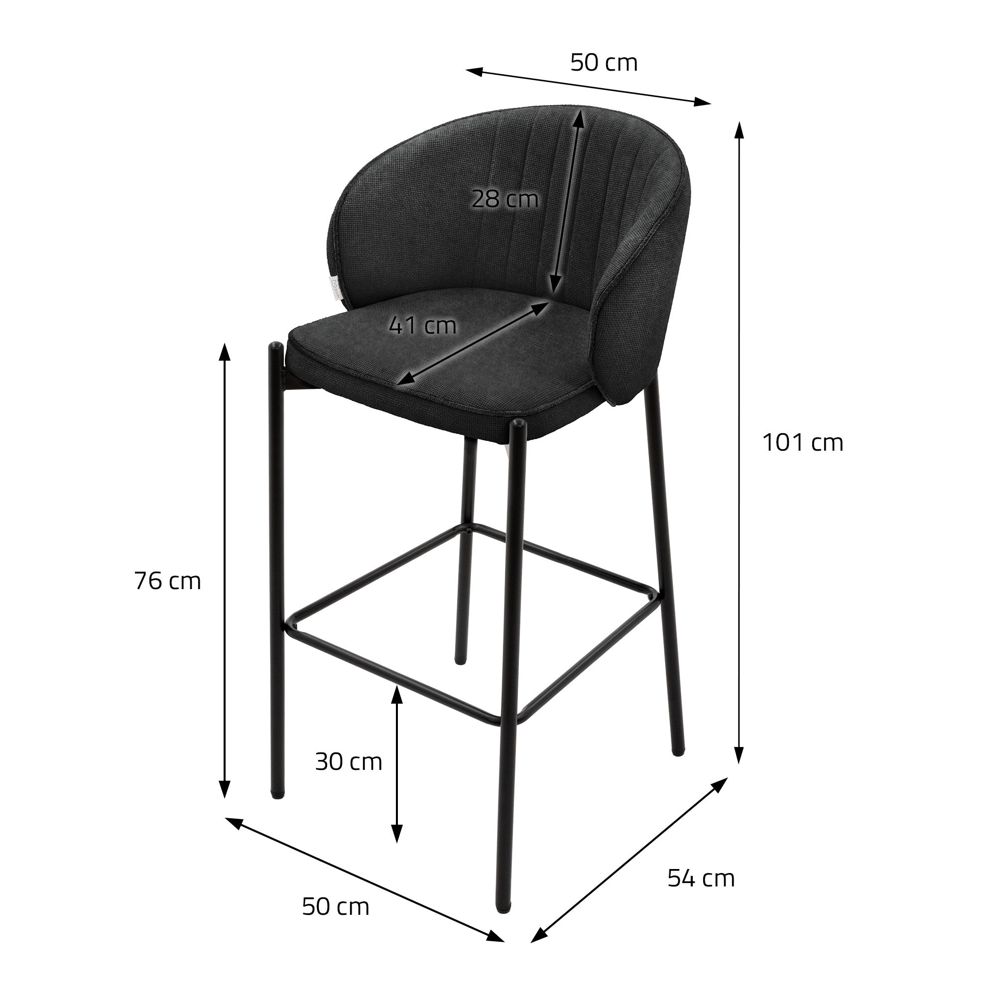 Sgabello da bar nero con misure per altezza e larghezza.