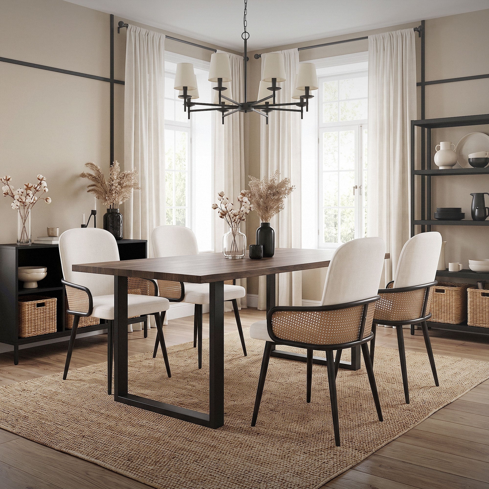 Salle à manger avec une table et quatre chaises, murs clairs et grandes fenêtres.