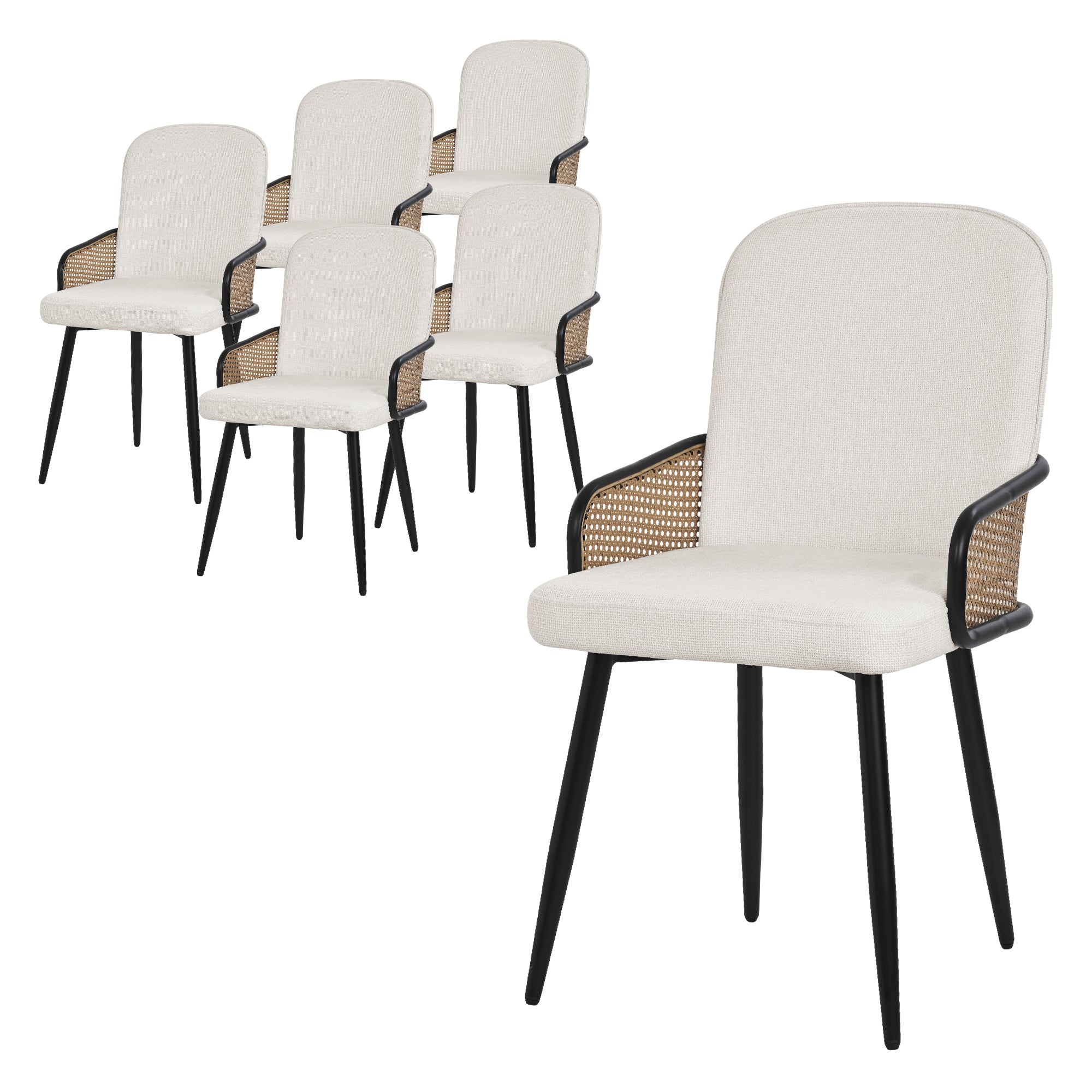 Six chaises blanches avec des accoudoirs tressés sur un cadre noir.