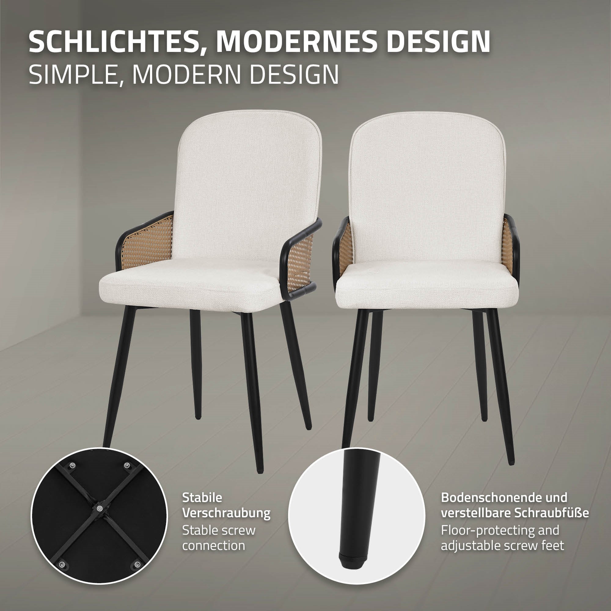 Deux chaises modernes avec accoudoirs, l'une beige et l'autre en pétrole.