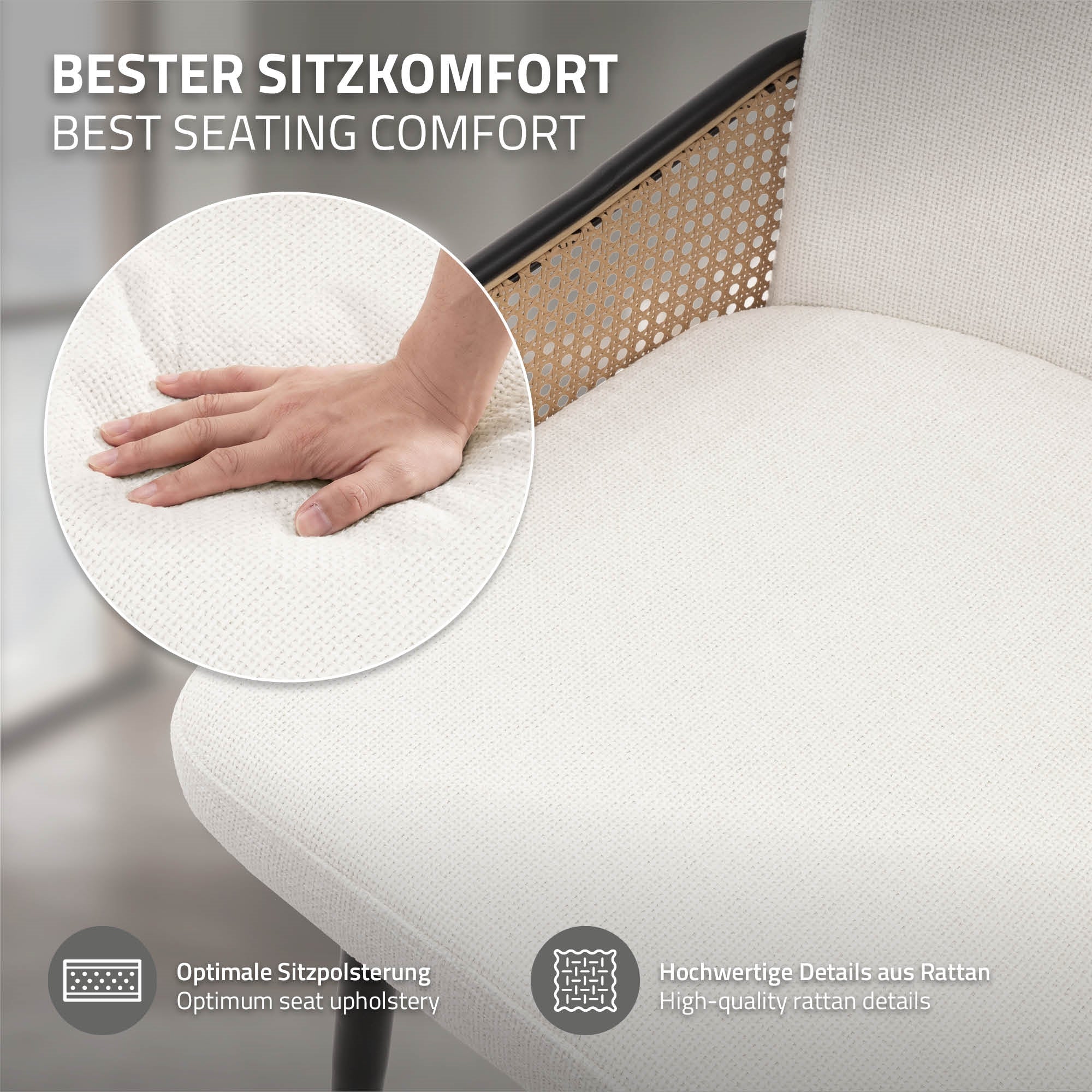 Gros plan sur une chaise blanche avec une main sur l'assise.