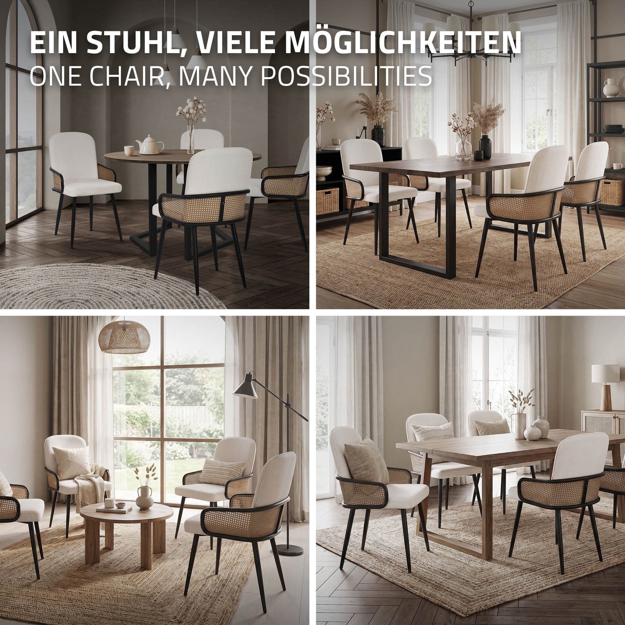 Quatre chaises dans différents agencements dans une pièce moderne.