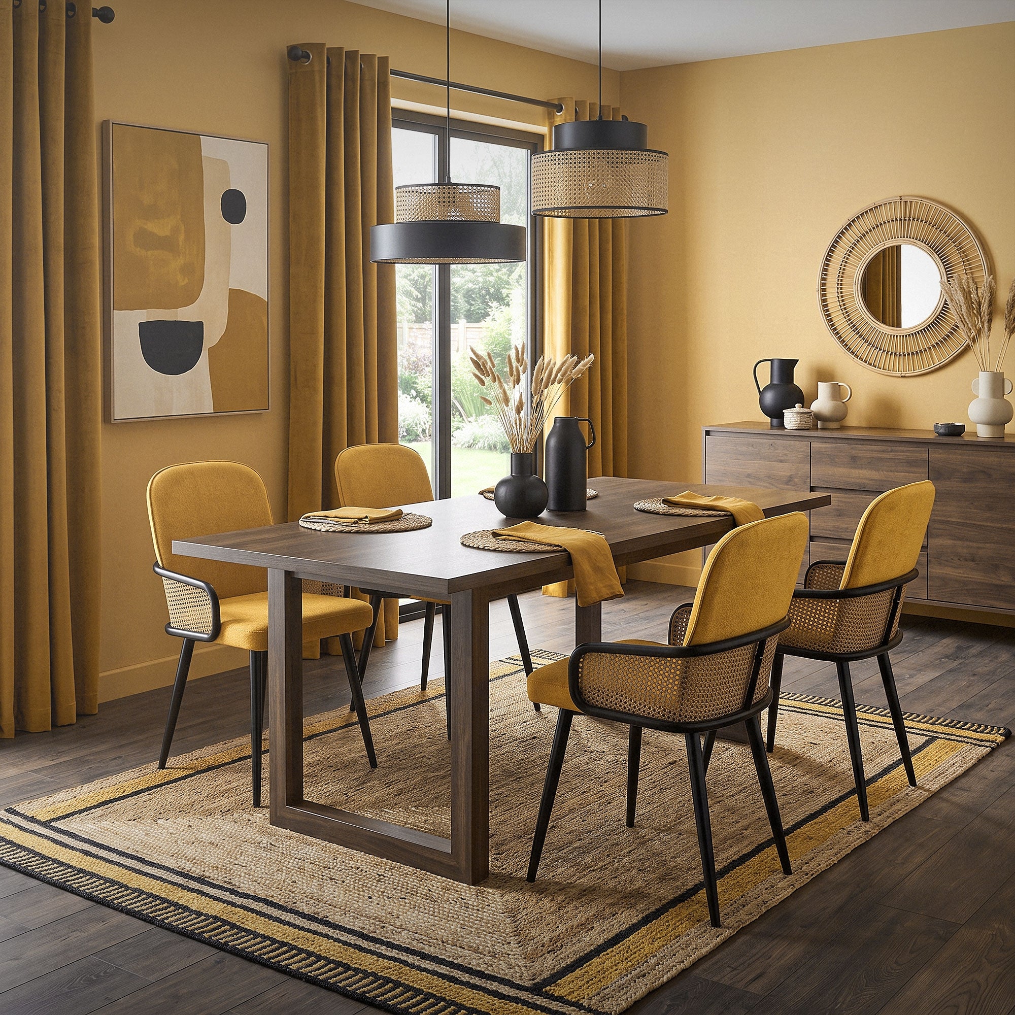 Sala da pranzo con sedie gialle, un tavolo e elementi decorativi.