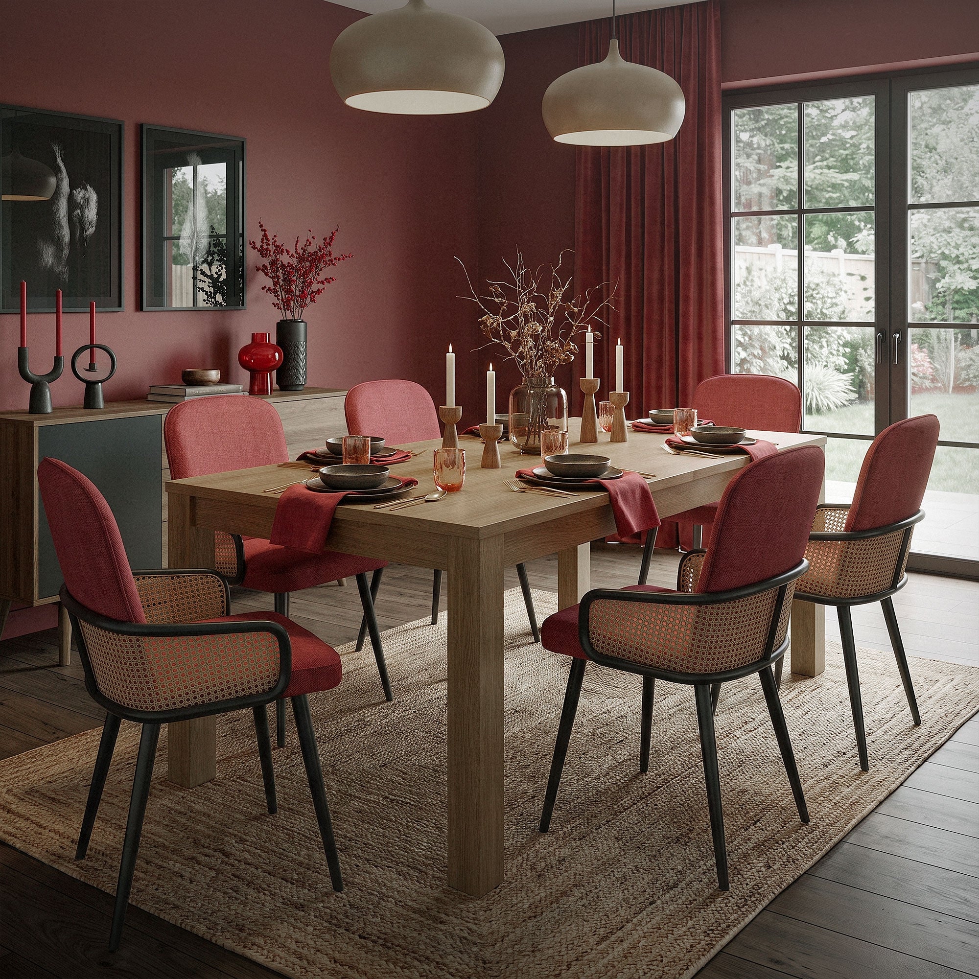 Eetkamer met houten tafel en zes rode stoelen, versierd met kaarsen.