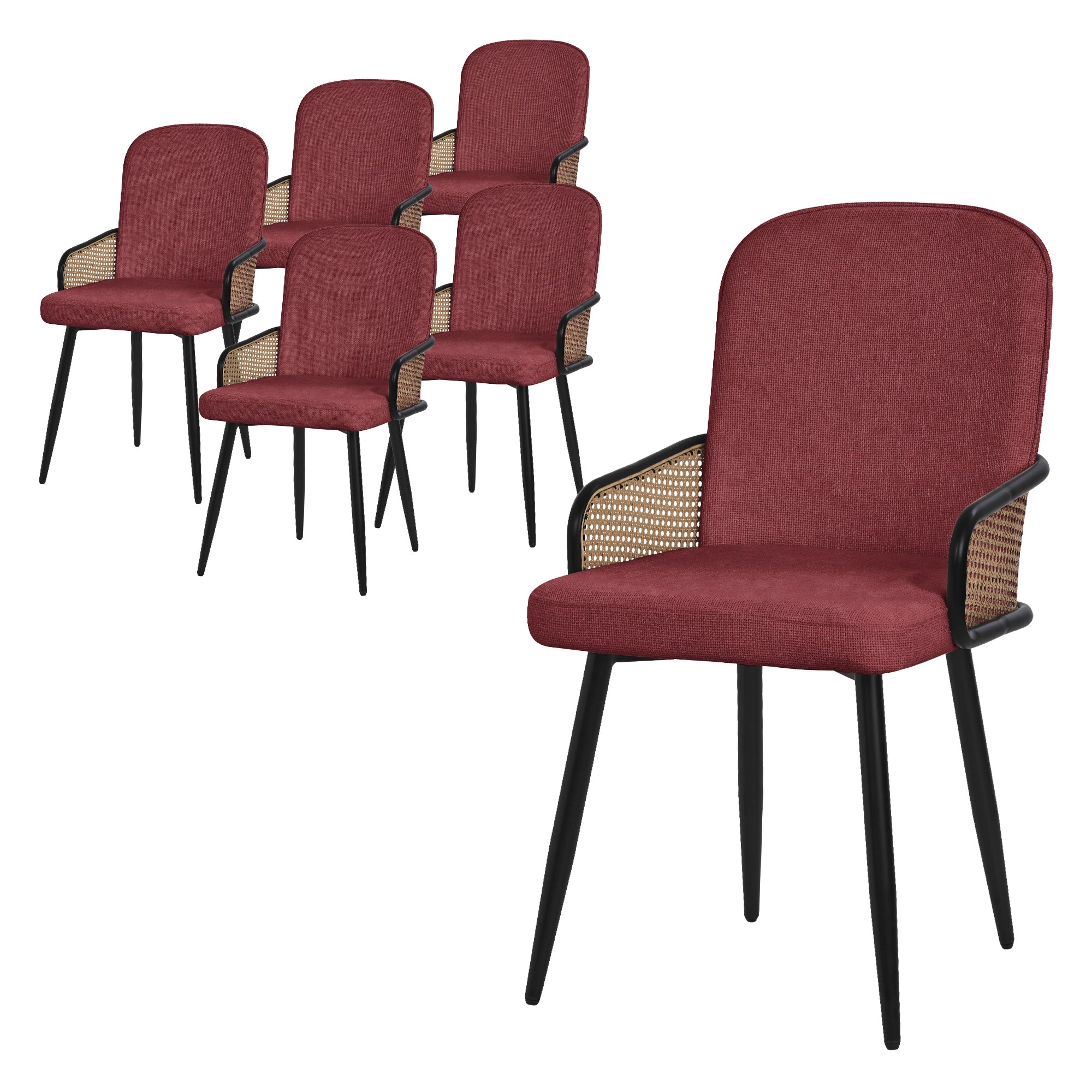 Zes rode stoelen met armleuningen op een zwart frame.