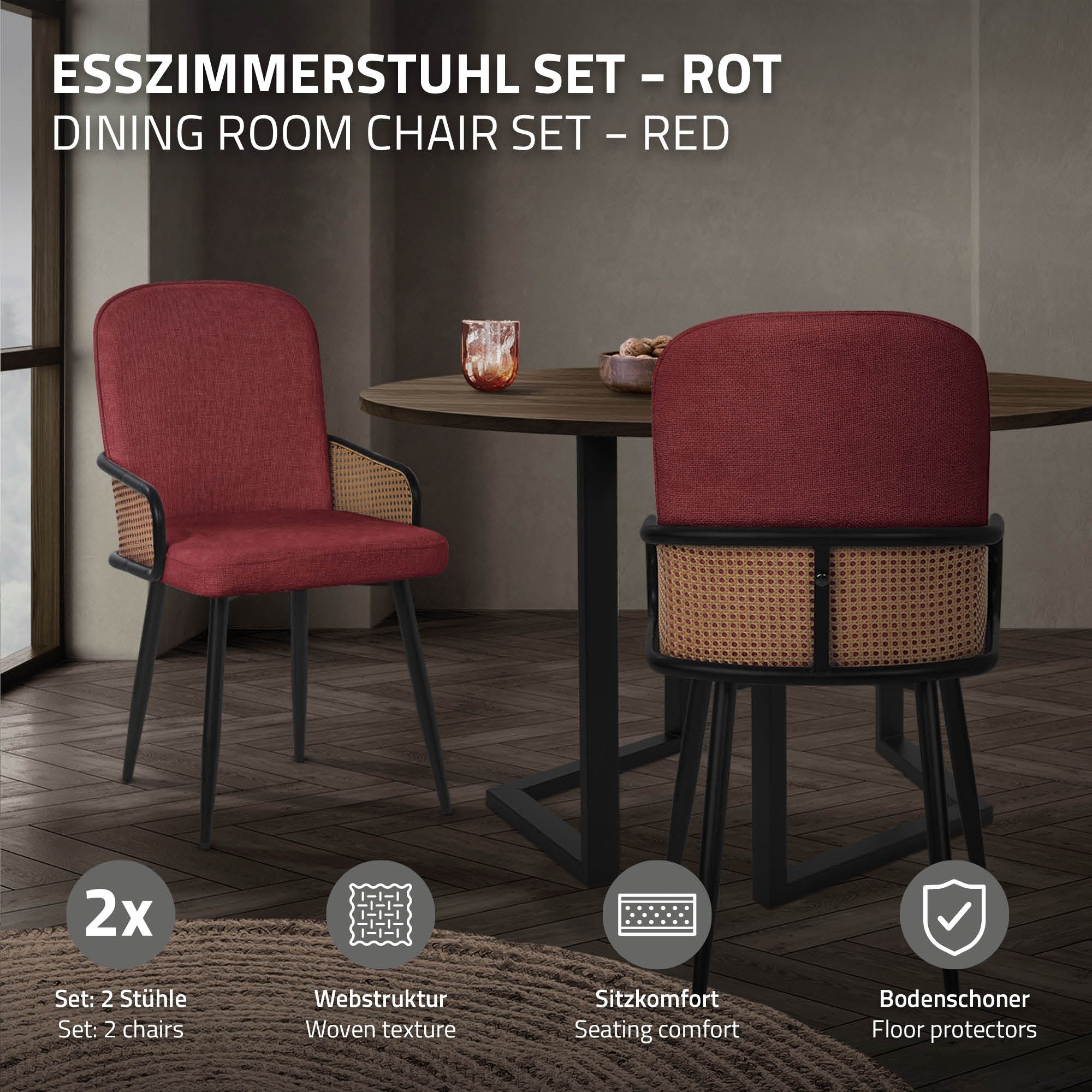 Ein rotes Esszimmerstuhl-Set mit zwei Stühlen und einem Tisch.