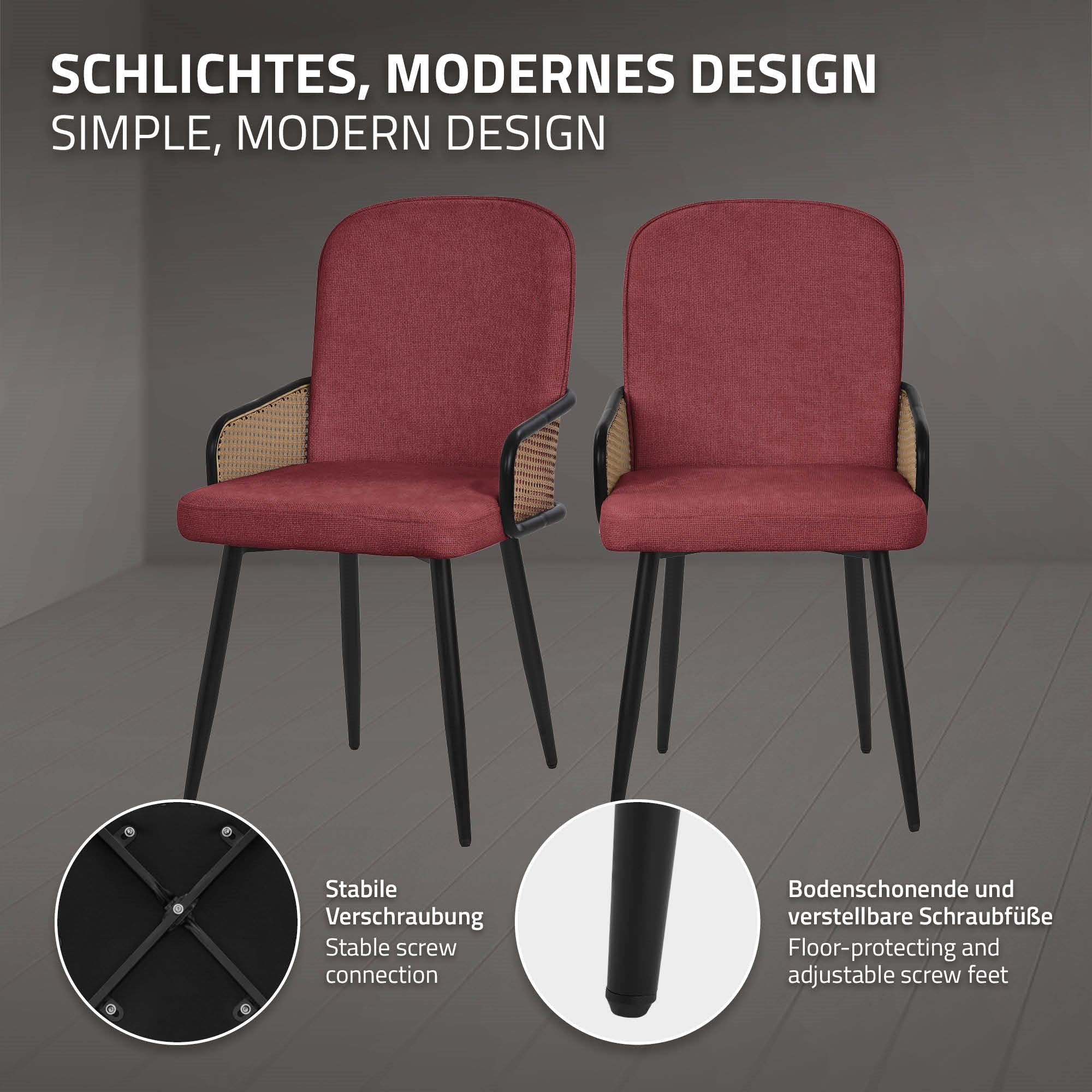 Twee moderne stoelen in het rood met een stevige schroefverbinding op een grijze achtergrond.