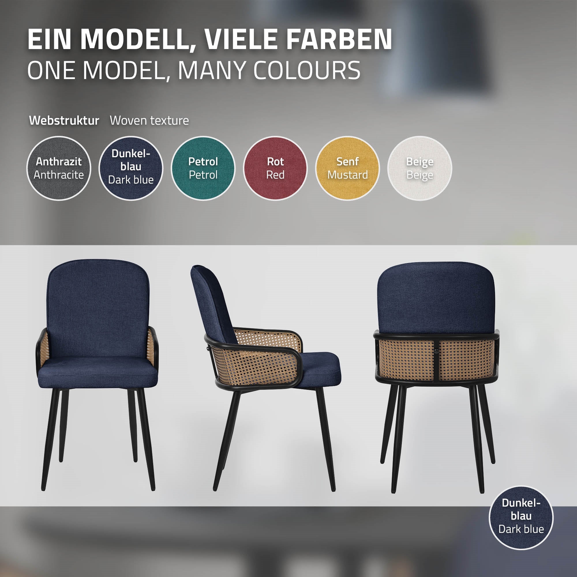 Trois chaises de différentes couleurs : bleu foncé, pétrole, rouge, moutarde, beige.