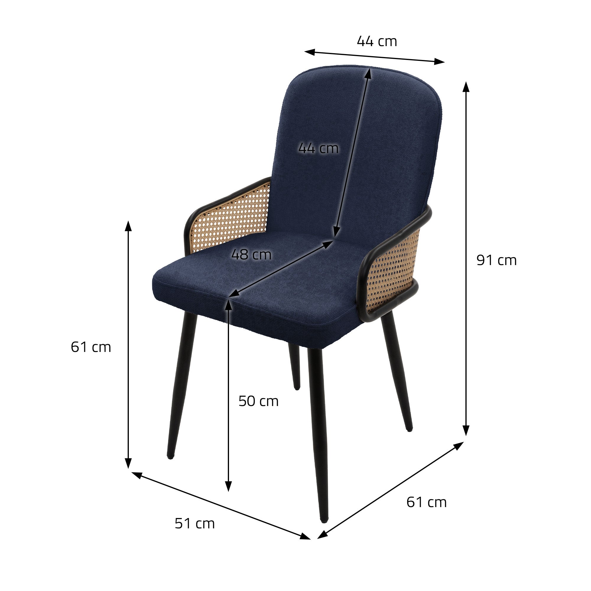 Dessin technique d'une chaise bleue avec accoudoirs et différentes dimensions.