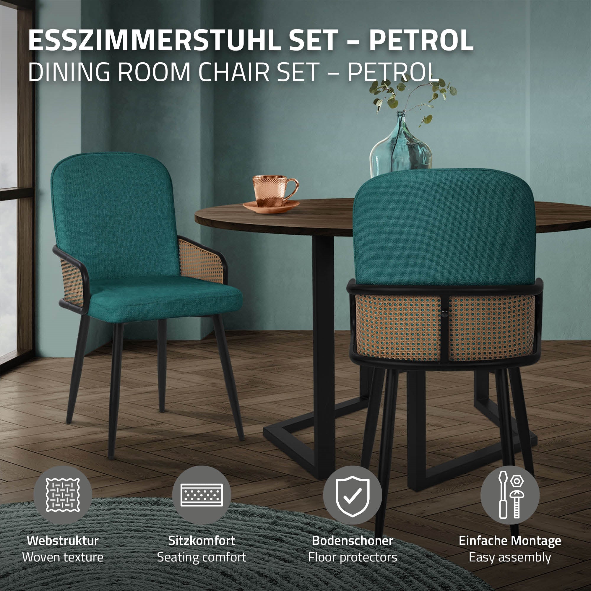 Esszimmerstuhl in Petrol mit Webstruktur und Holzdetails.