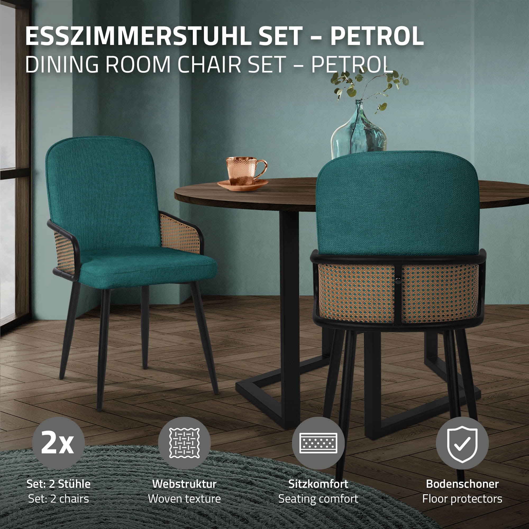 Dining chair set in petrol, two chairs at a table.