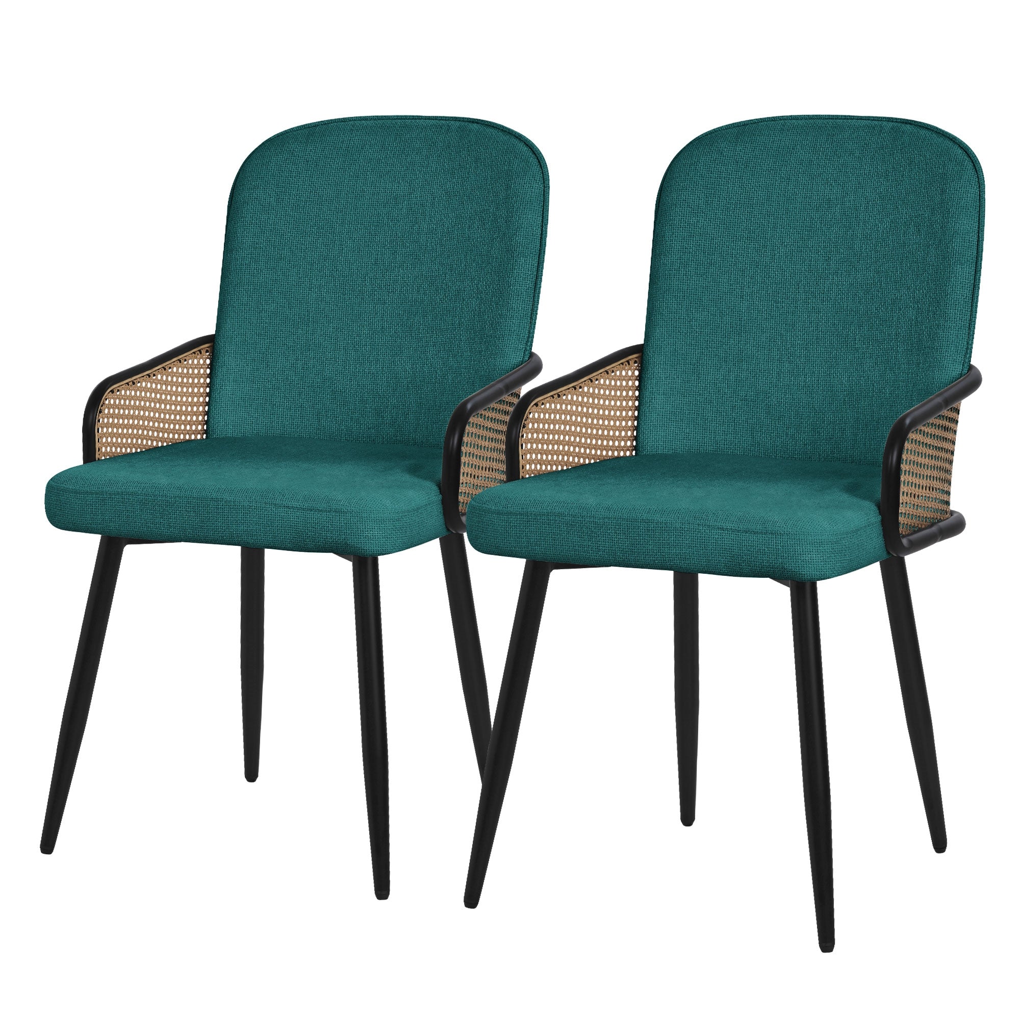 Deux chaises avec un cadre noir et un revêtement en tissu turquoise.
