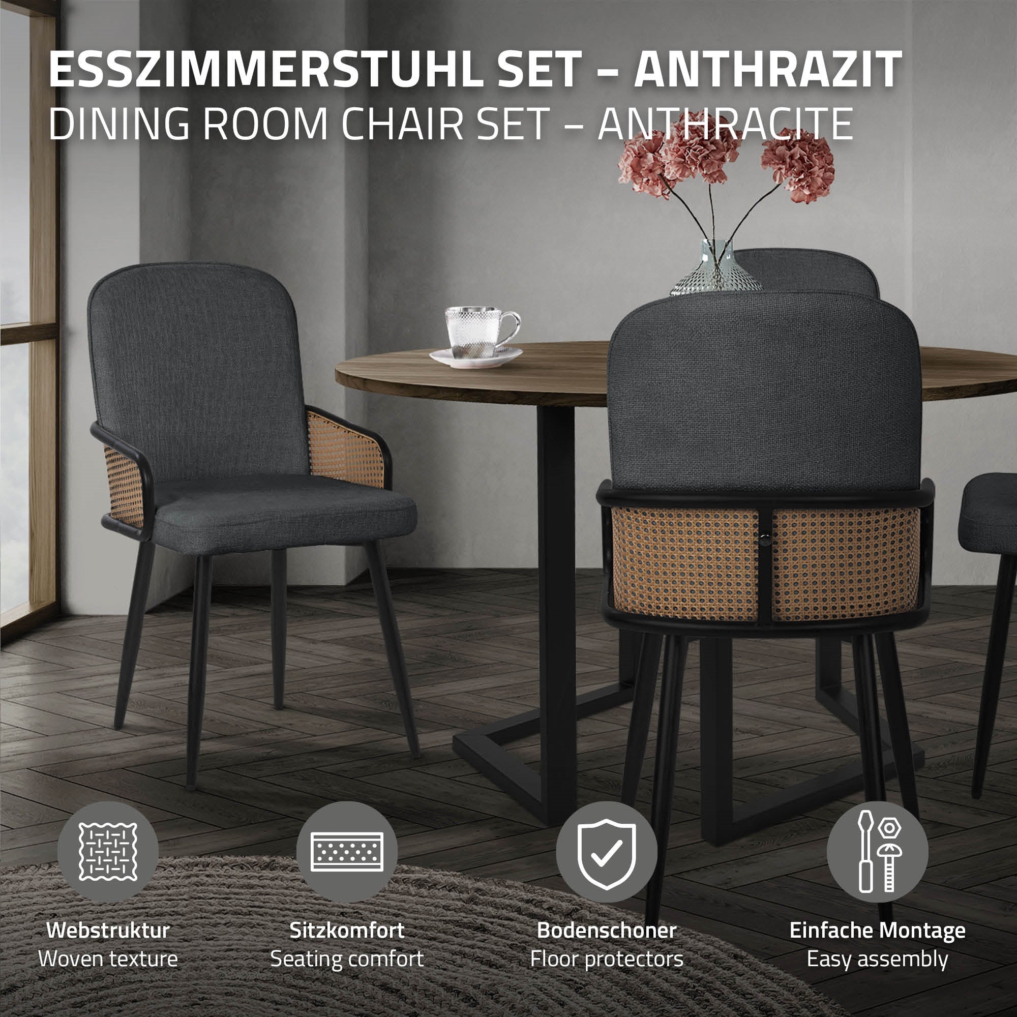 Eetkamerstoel set in antraciet, twee stoelen aan een tafel.
