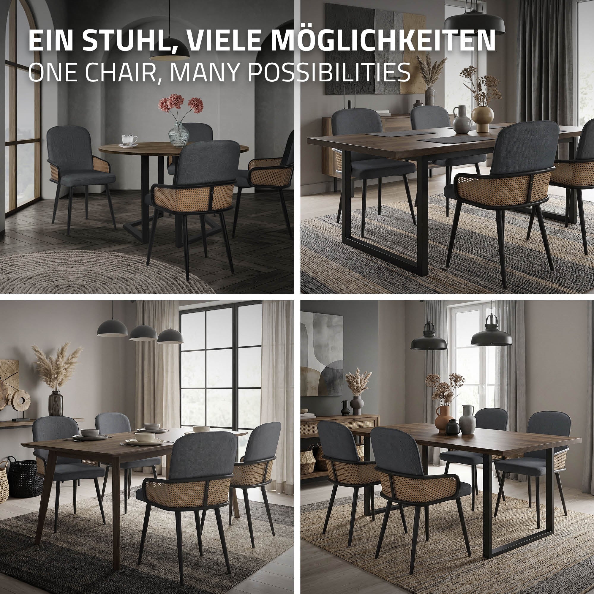 Vier stoelen rond een tafel in een moderne eetkamer met decoratieve elementen.