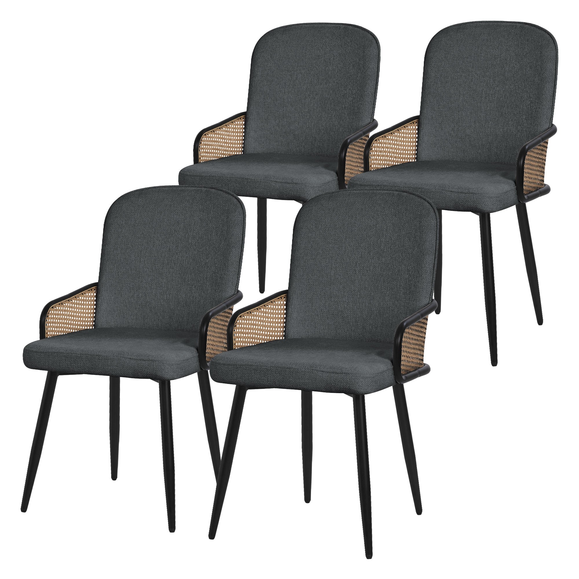 Vier stoelen met een zwart frame en een grijze stofbekleding.