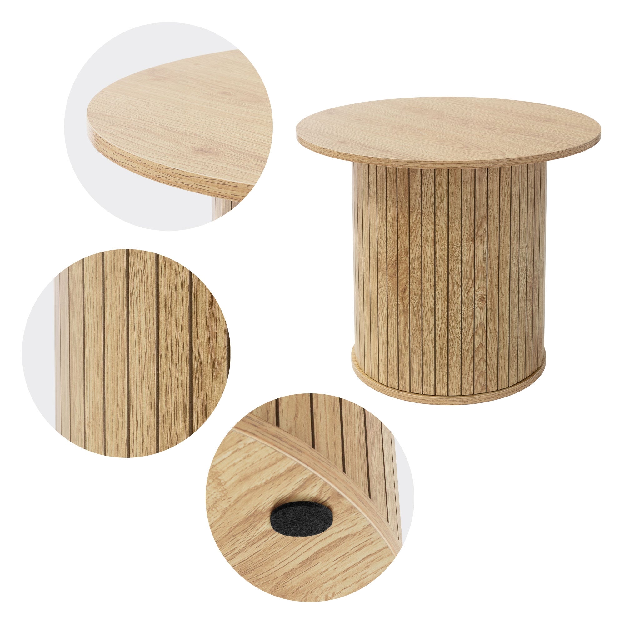 Vue détaillée de la table en bois avec différentes perspectives et un trou dans le socle.