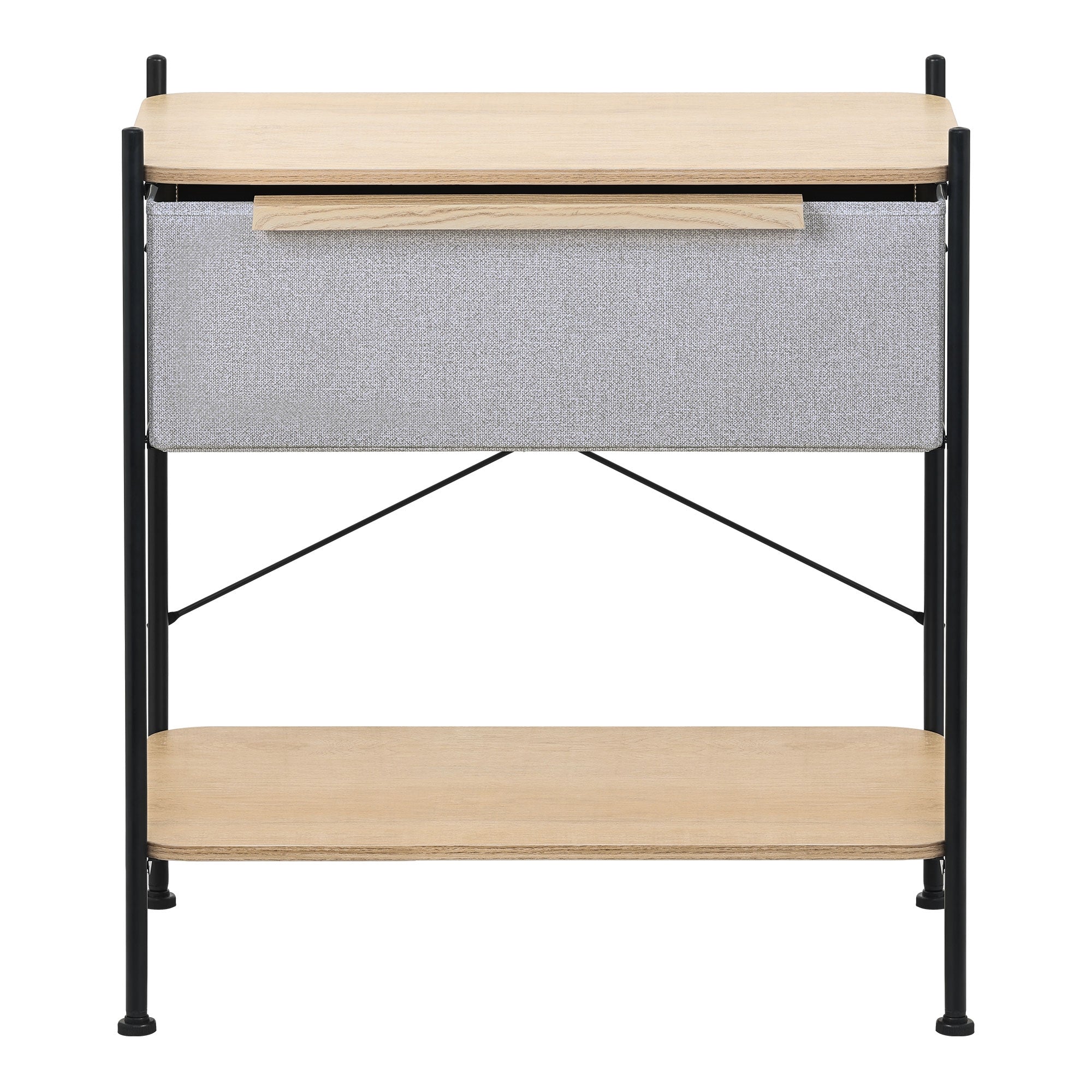 Un mobile con superficie in legno e un cassetto, su sfondo bianco.