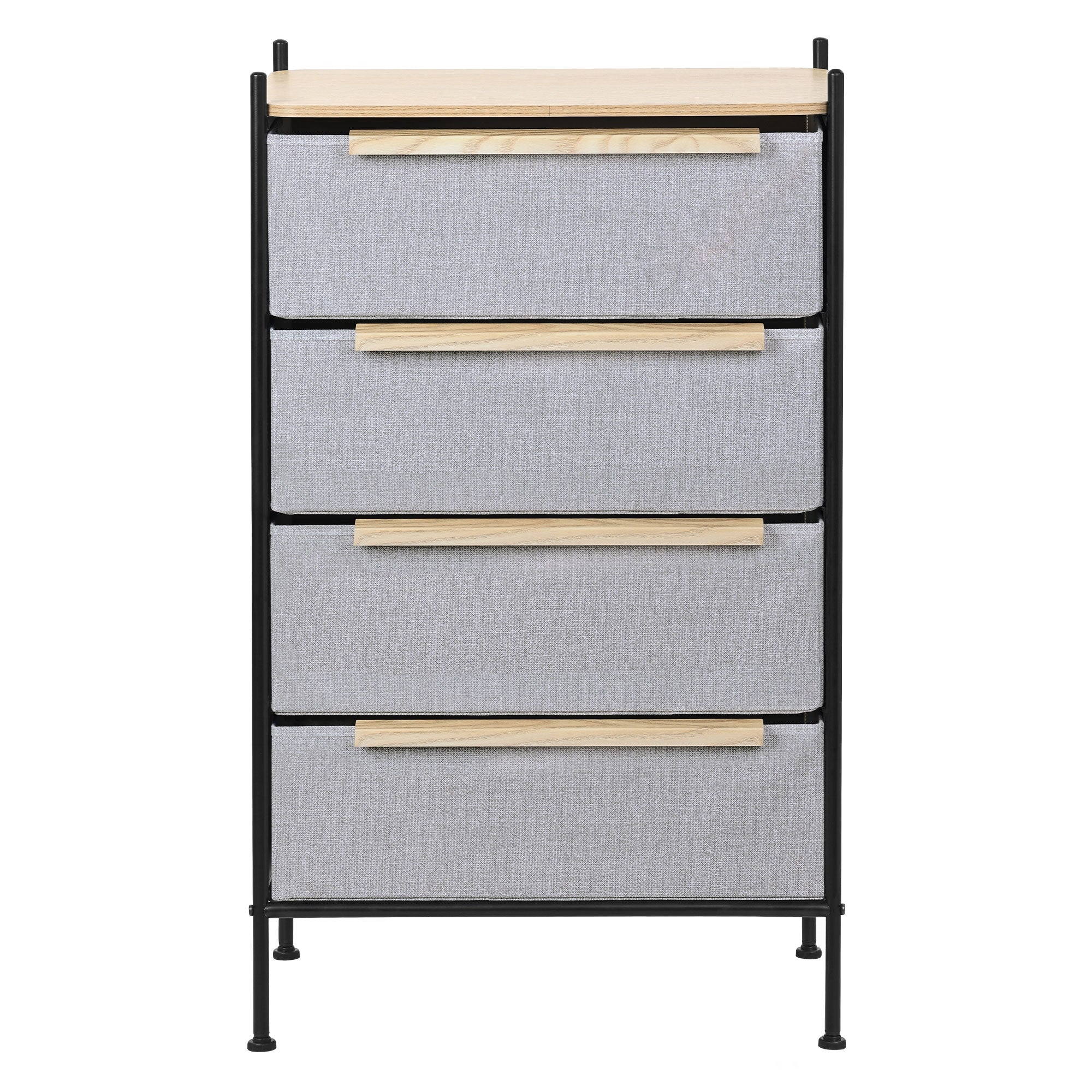 Comò con cassetti in tessuto grigio e superficie in legno.