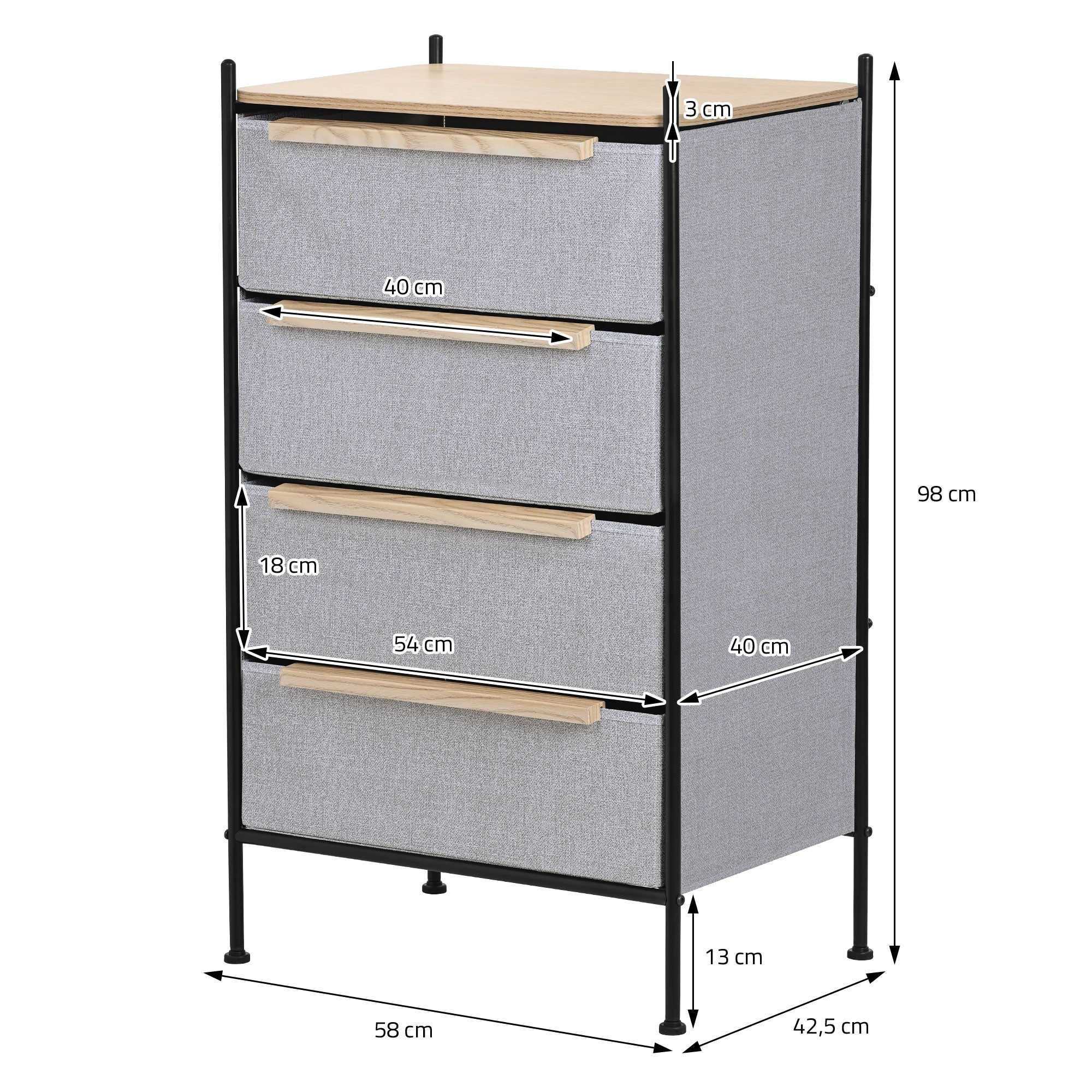 Schubladenkommode mit drei Schubladen, 98 cm hoch, 58 cm breit.