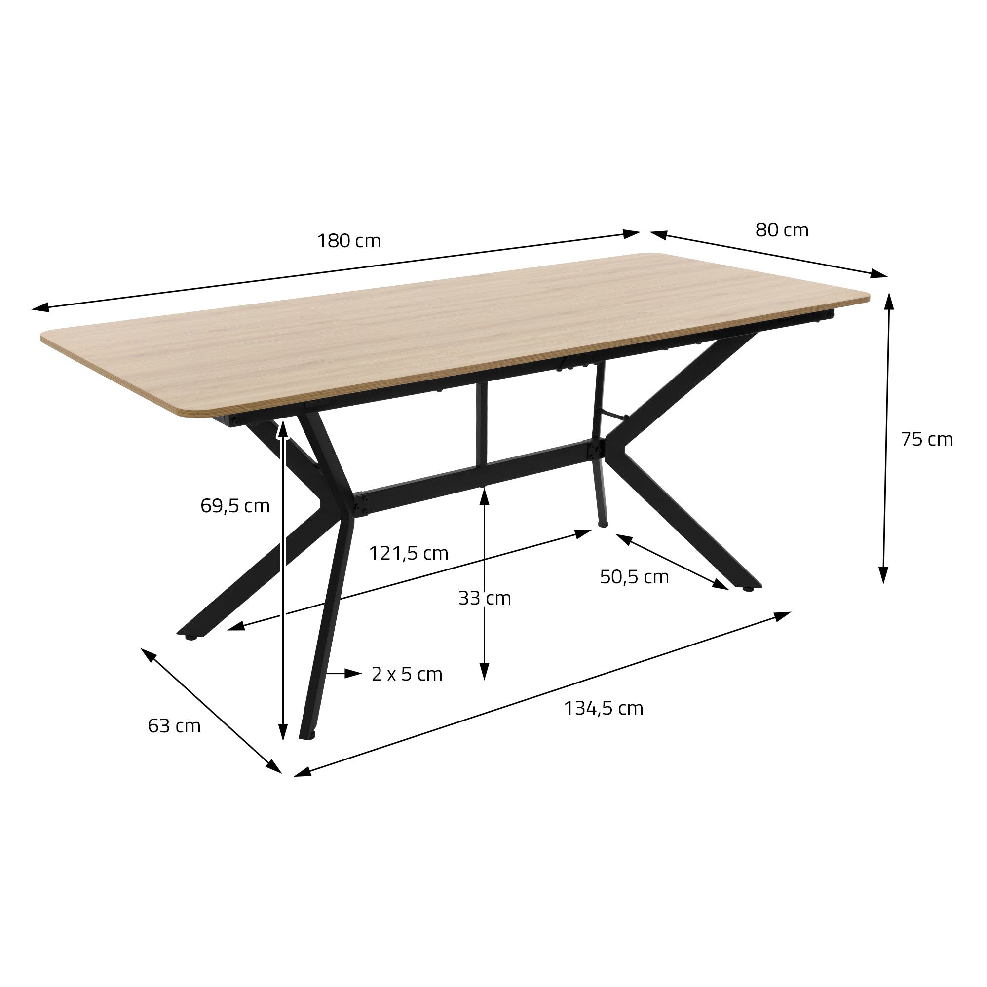 Holztisch mit Maßen: 180 cm x 80 cm, 75 cm hoch, auf schwarzem Gestell.