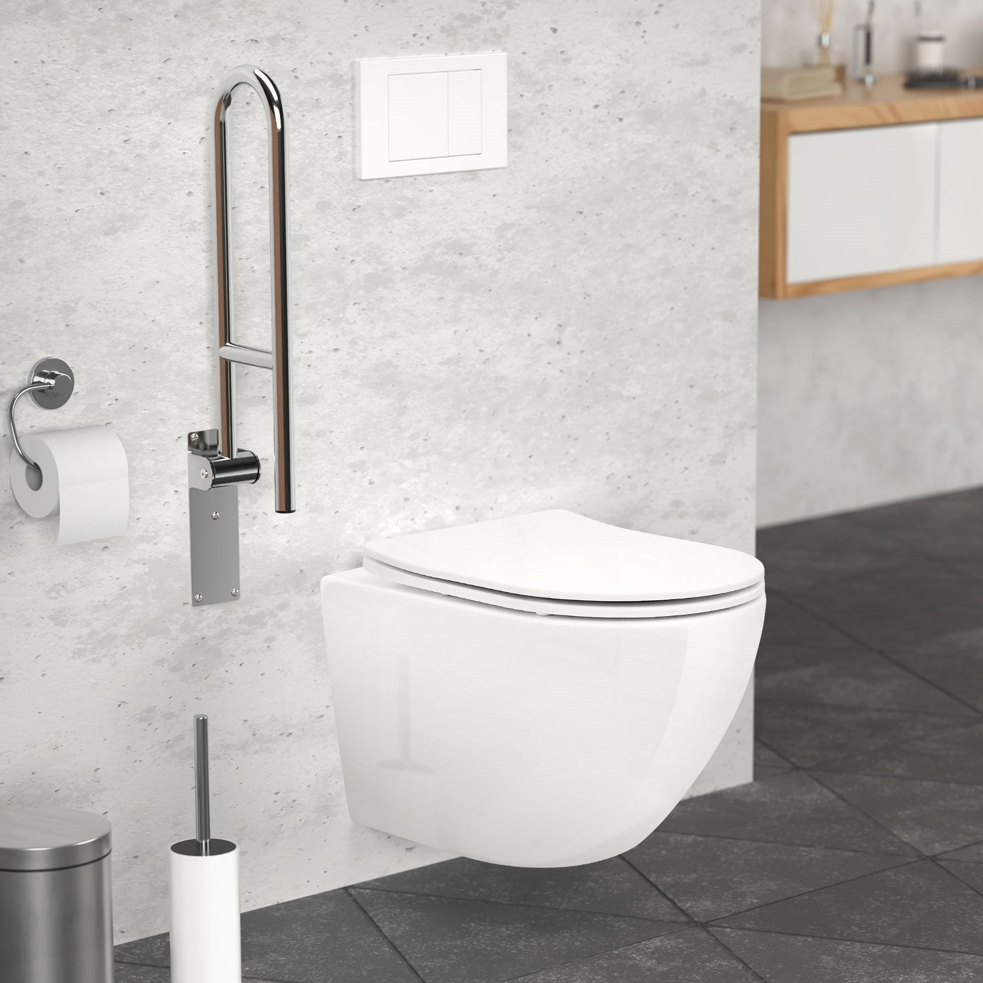 Fehér fali WC fogantyúval modern fürdőszobában.