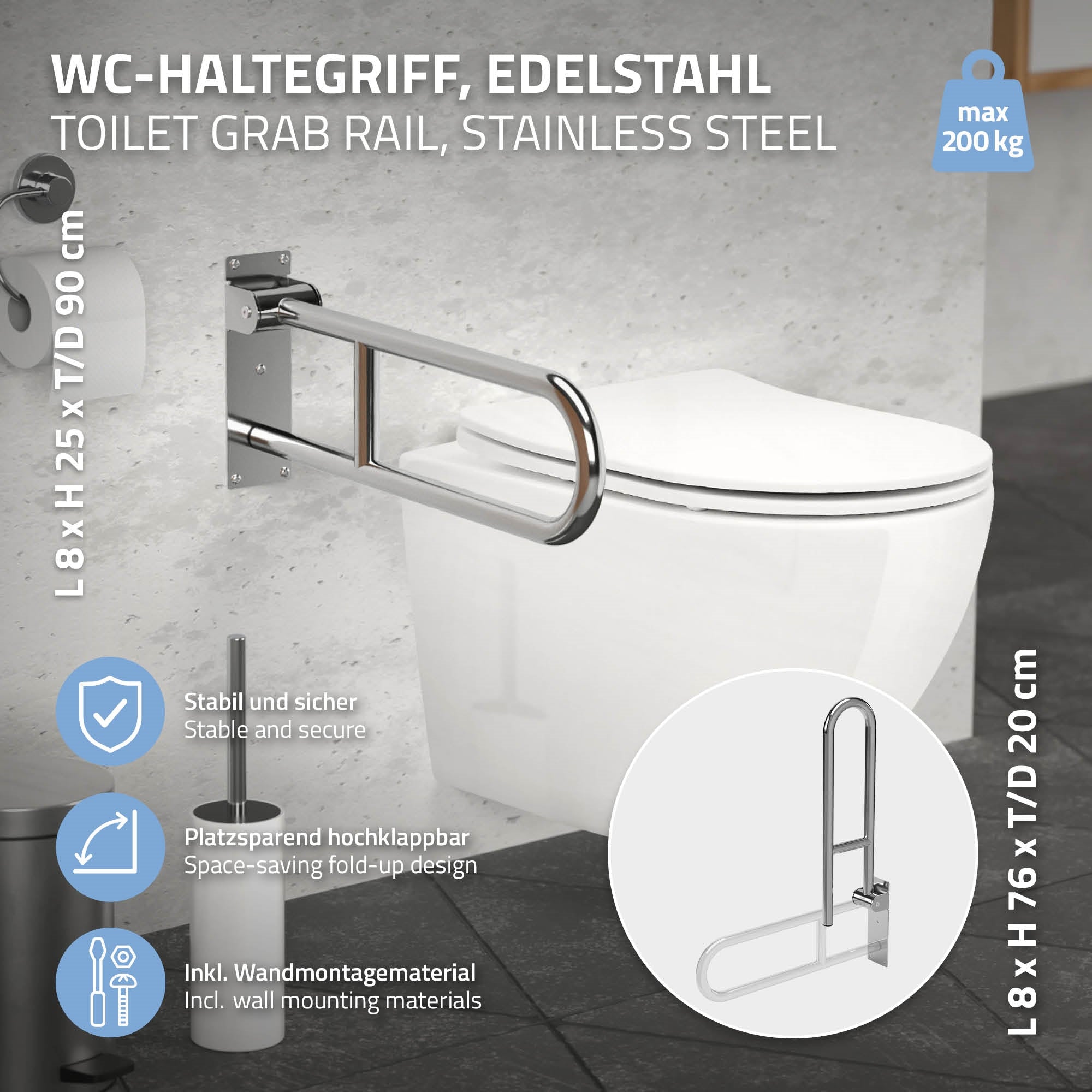 Maniglia per WC in acciaio inox montata su una parete.