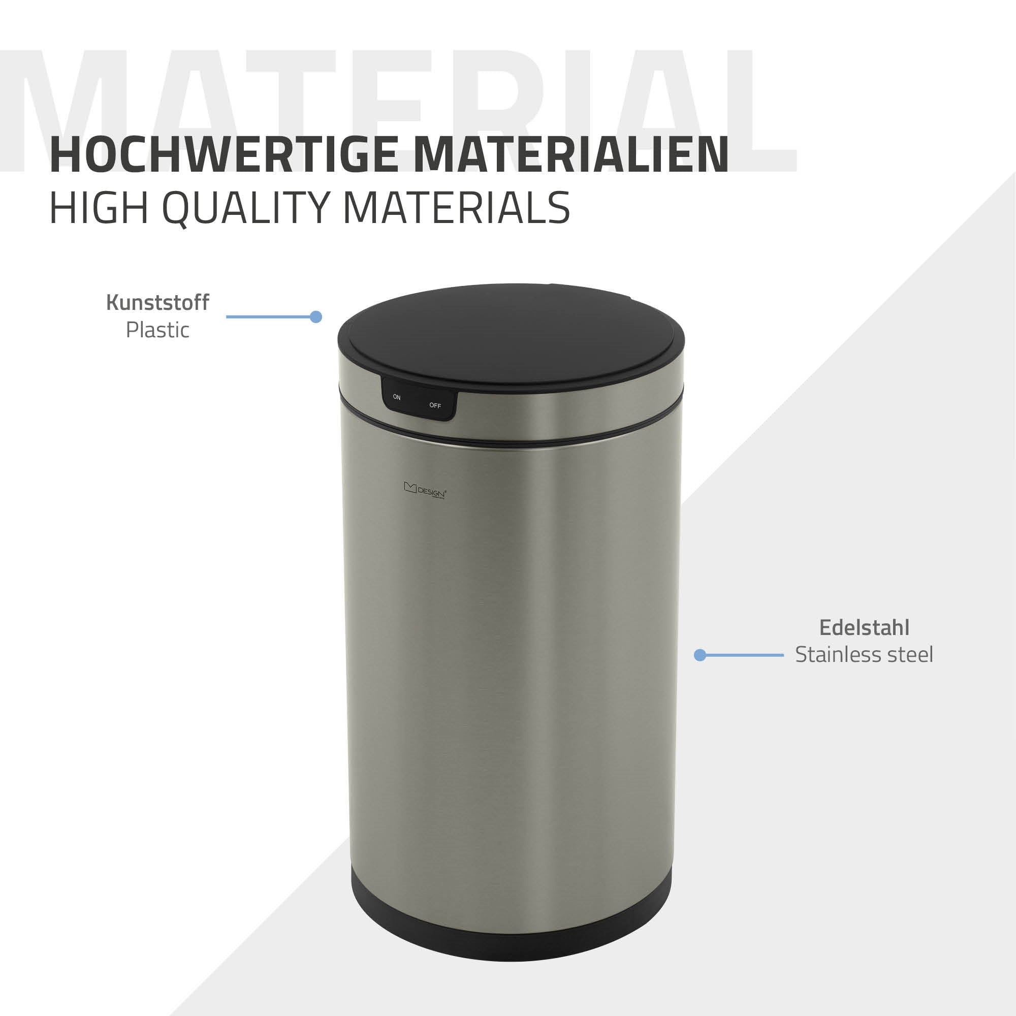 Contenitore per rifiuti in acciaio inox, chiuso, su sfondo grigio.