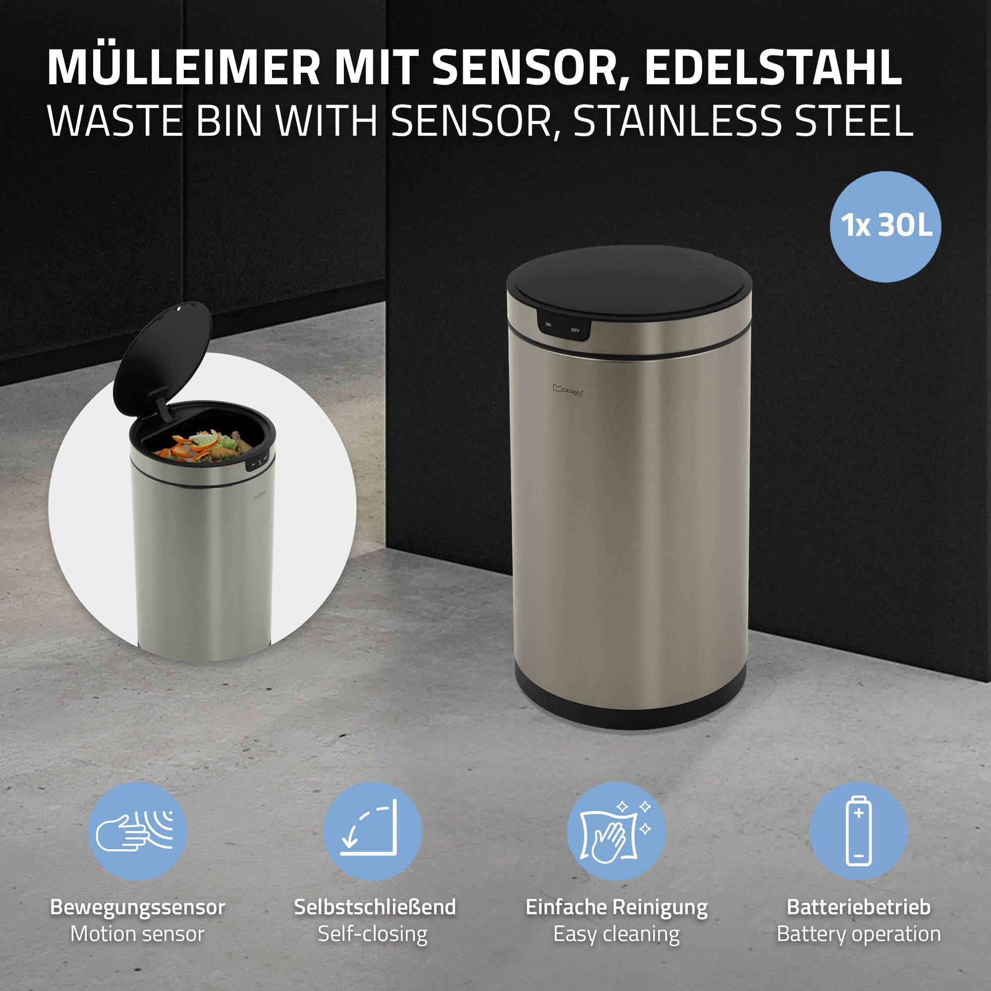 Cestino con sensore in acciaio inox, 30 litri, con coperchio aperto.