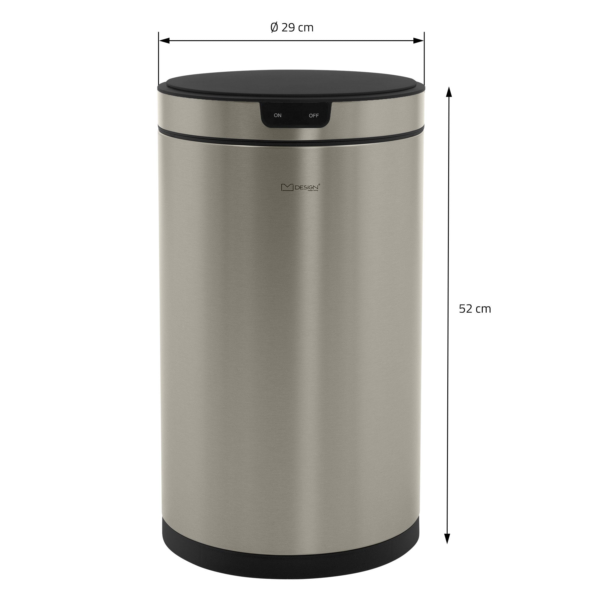 Contenitore per rifiuti in acciaio inox con misure.