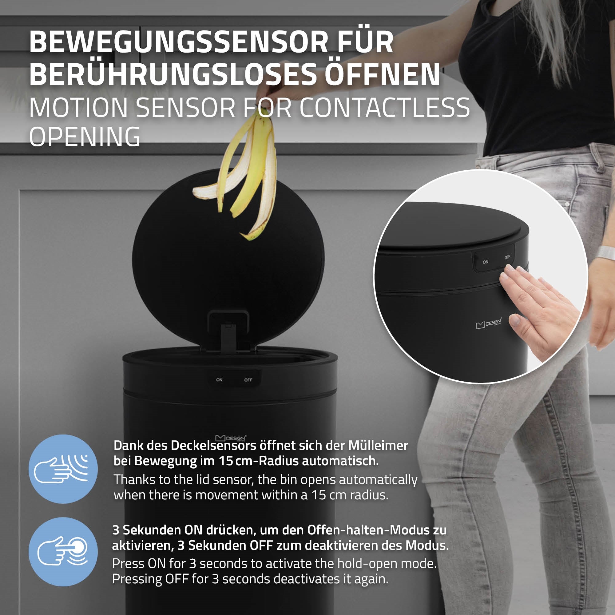 Mülleimer mit Sensor, der sich bei Bewegung innerhalb von 15 cm öffnet.