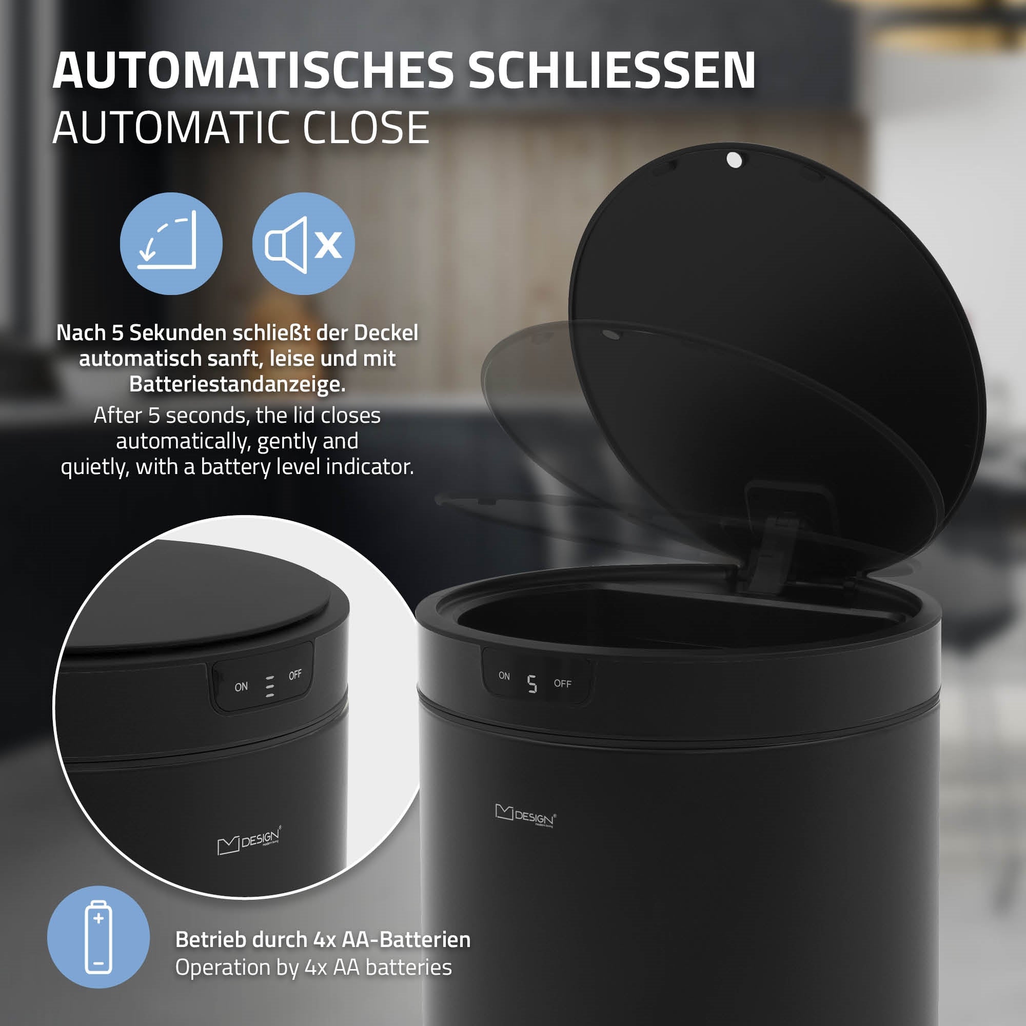 Müllbehälter mit offenem Deckel, der sich automatisch schließt.