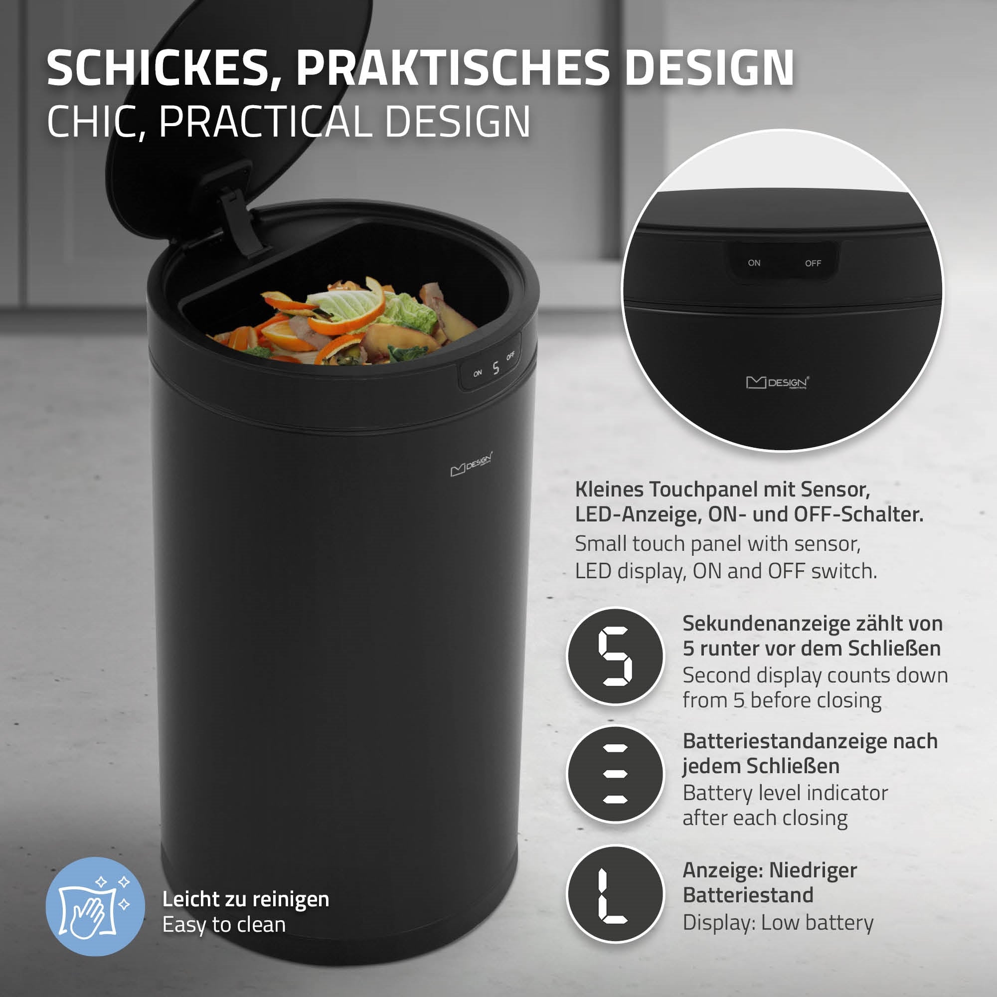 Schwarzer Mülleimer mit Sensor und LED-Anzeige, auf hellem Hintergrund.
