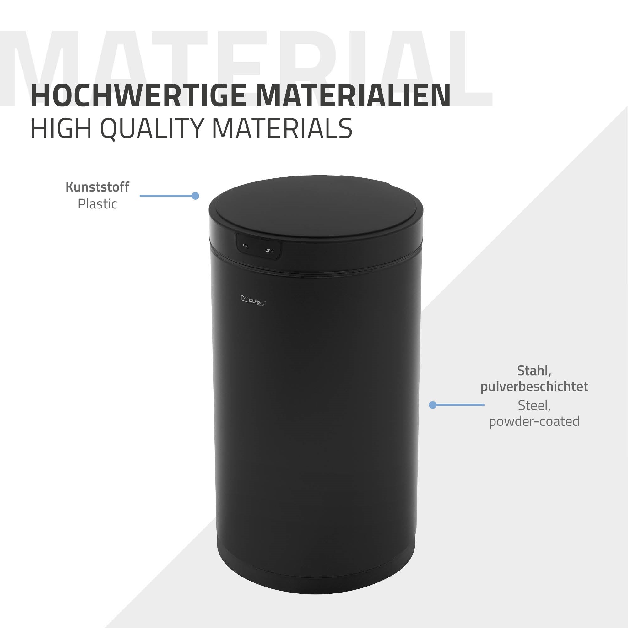 Mülleimer aus hochwertigen Materialien, Kunststoff und pulverbeschichtetem Stahl.