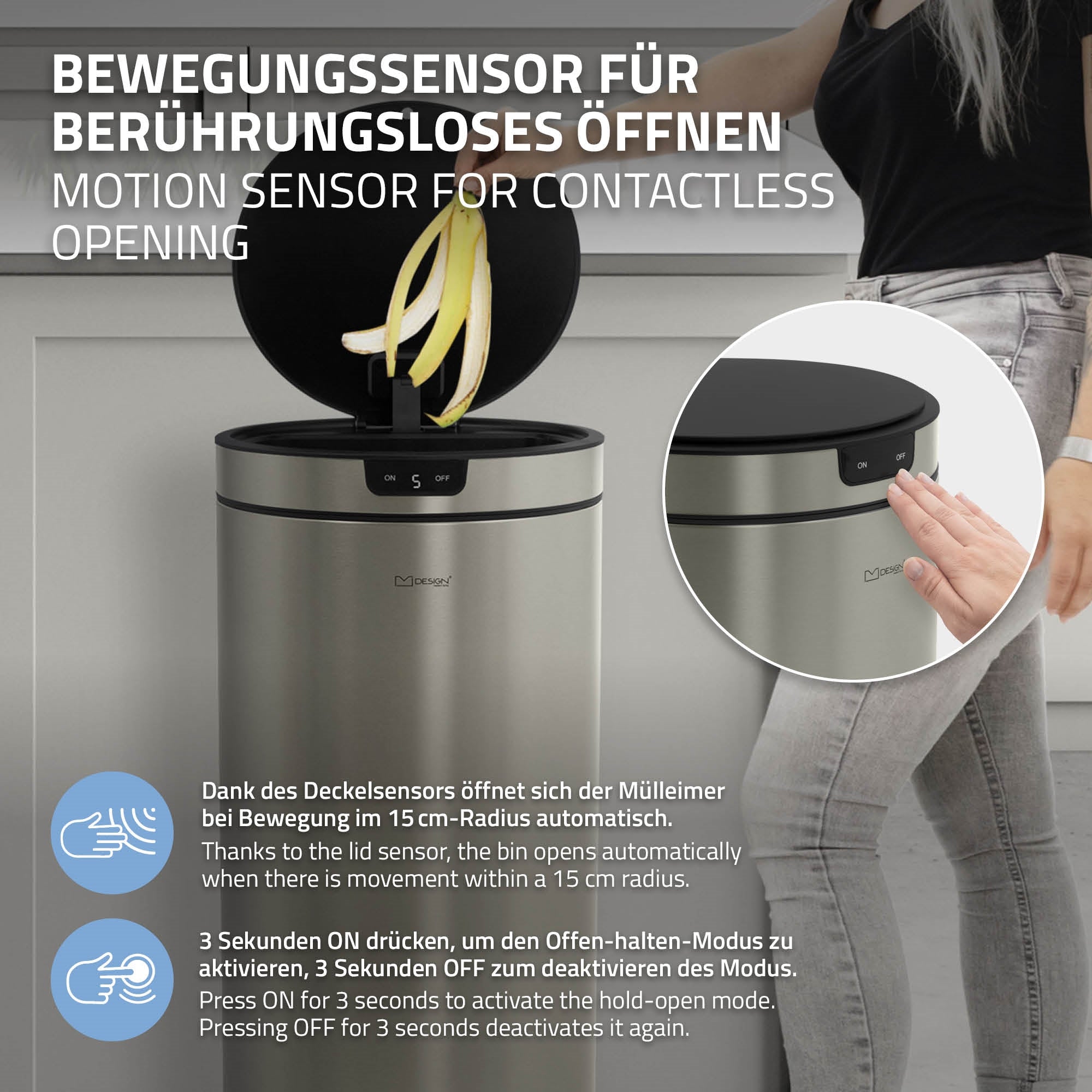 Edelstahl-Mülleimer mit Sensor, Deckel geöffnet, Bedienungsanleitung sichtbar.