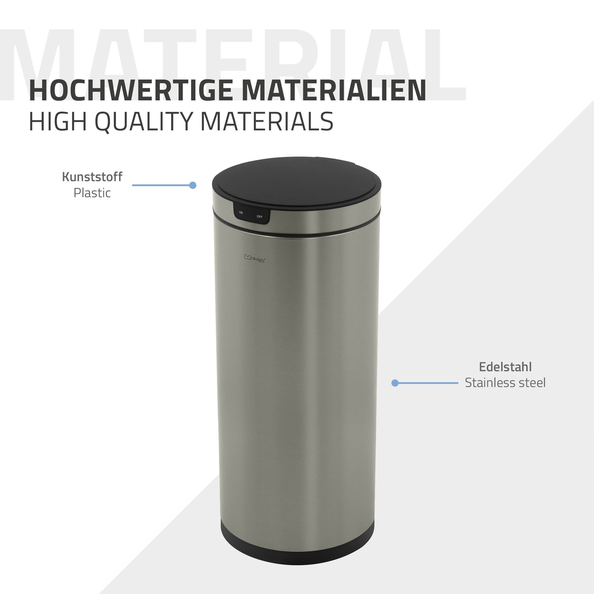 Edelstahl-Mülleimer mit Kunststoffdeckel, auf hellem Hintergrund.