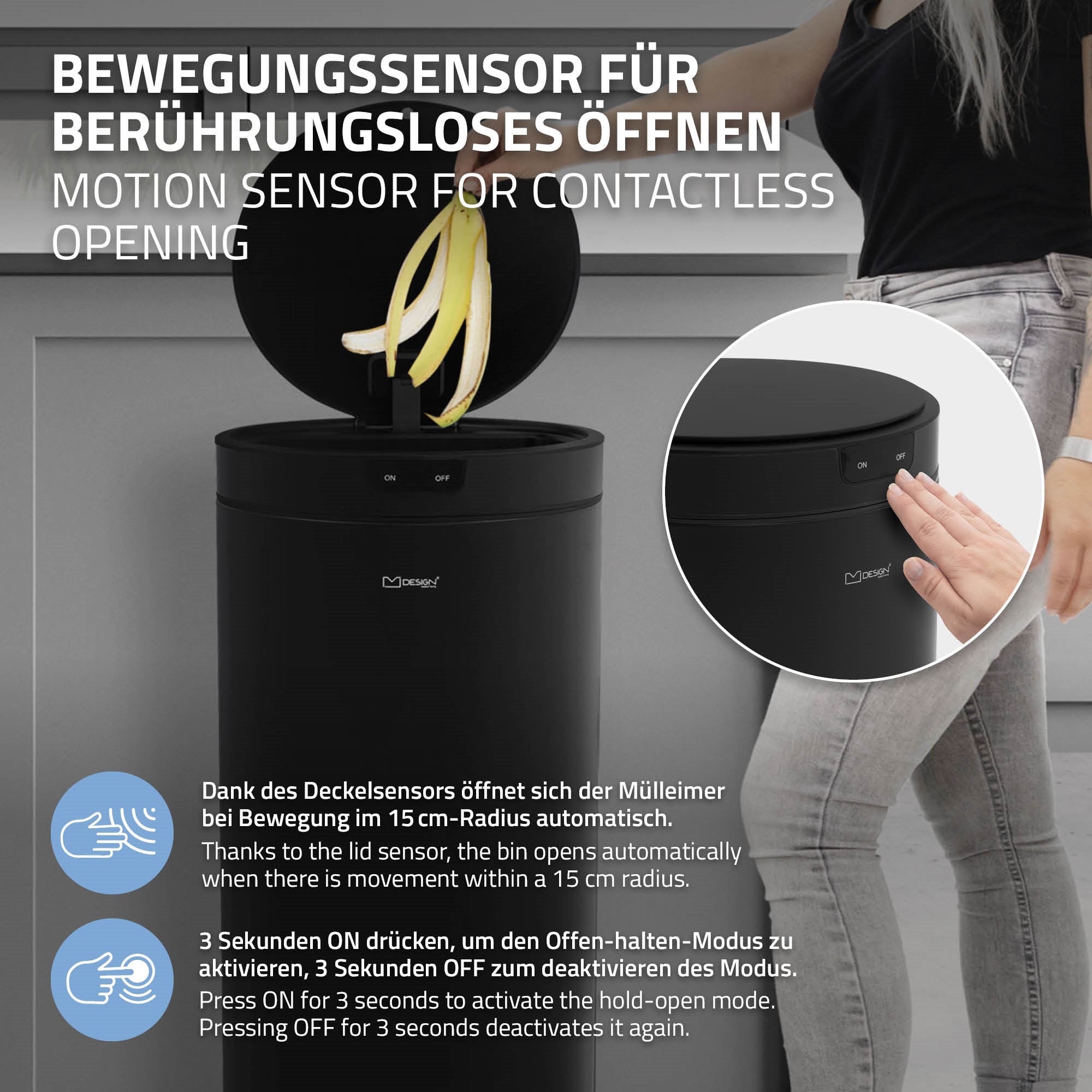 Sort affaldsspand med bevægelsessensor, der åbner automatisk.