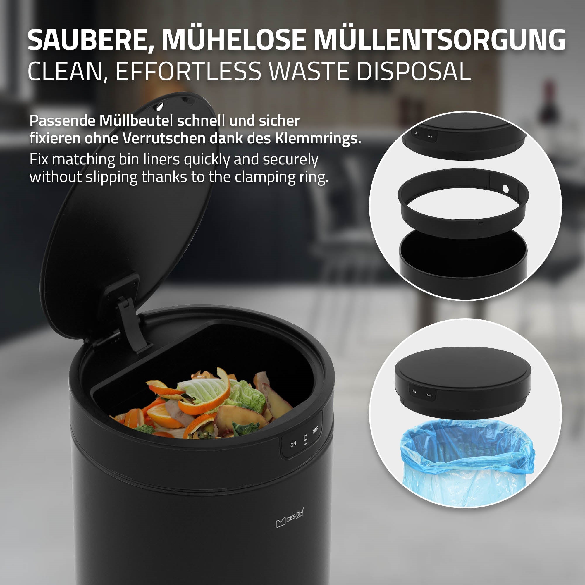 Sort affaldsspand med åben låg, affald og affaldsposer synlige.